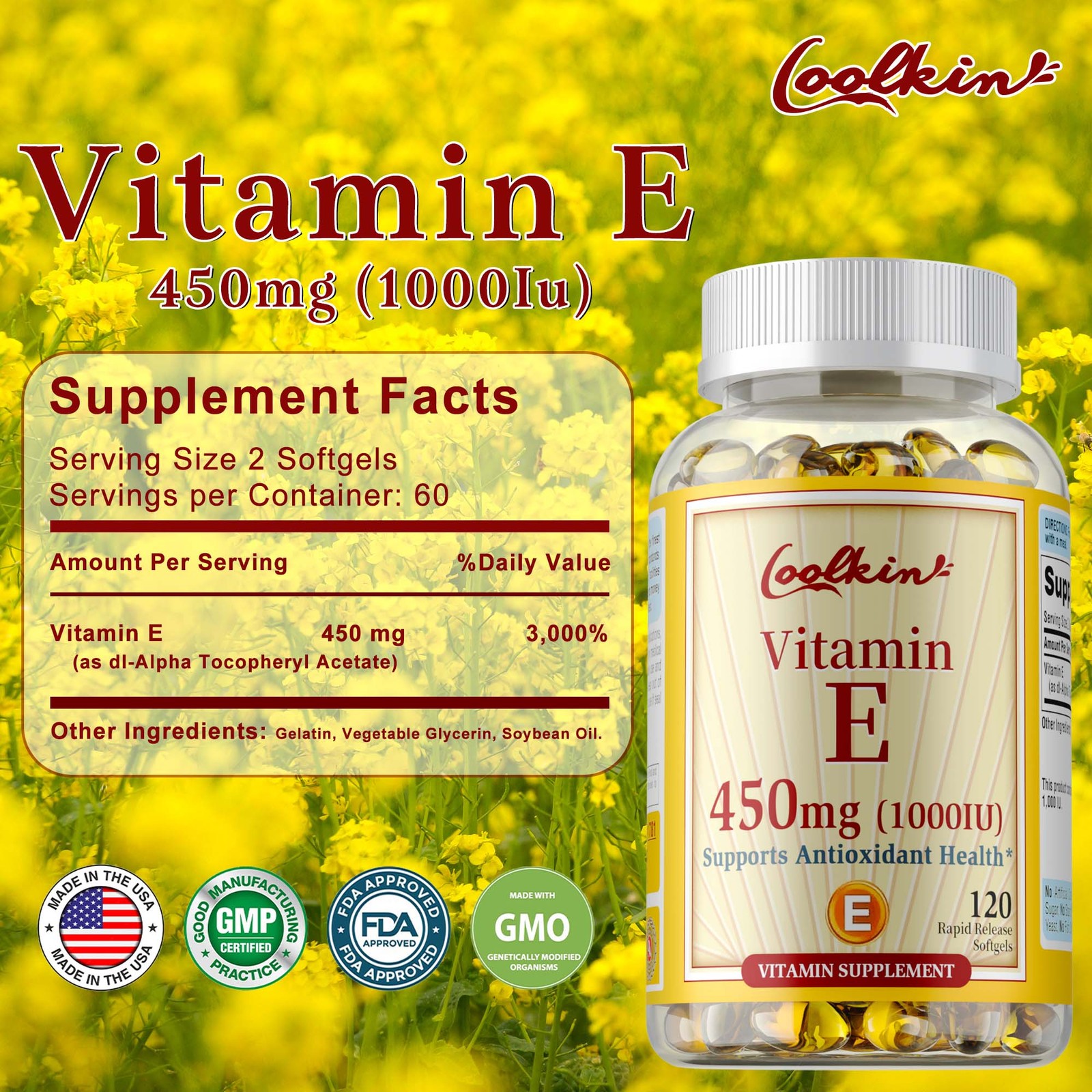 120pcs Vitamin E 1000 IU – Skin Health, Anti- Aging, Antioxidant, Eye Health