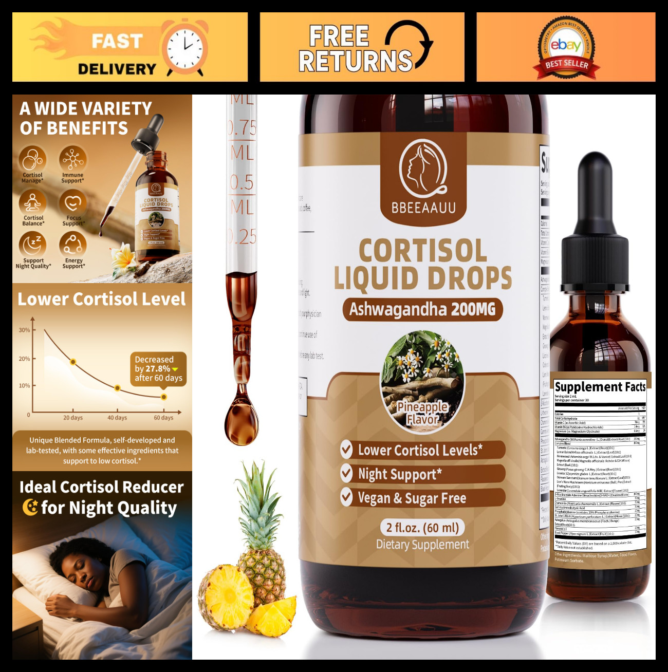 Cortisol Support Drops for Stress Relief, 200mg Ashwagandha & L-Theanine, 60ml