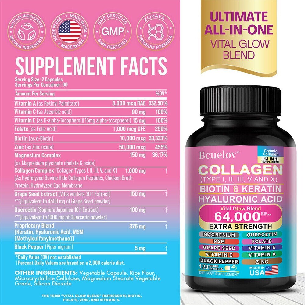 Biotin Keratin Supplement Collagen That Helps Hair Skin Nails Grow 120 Pills US