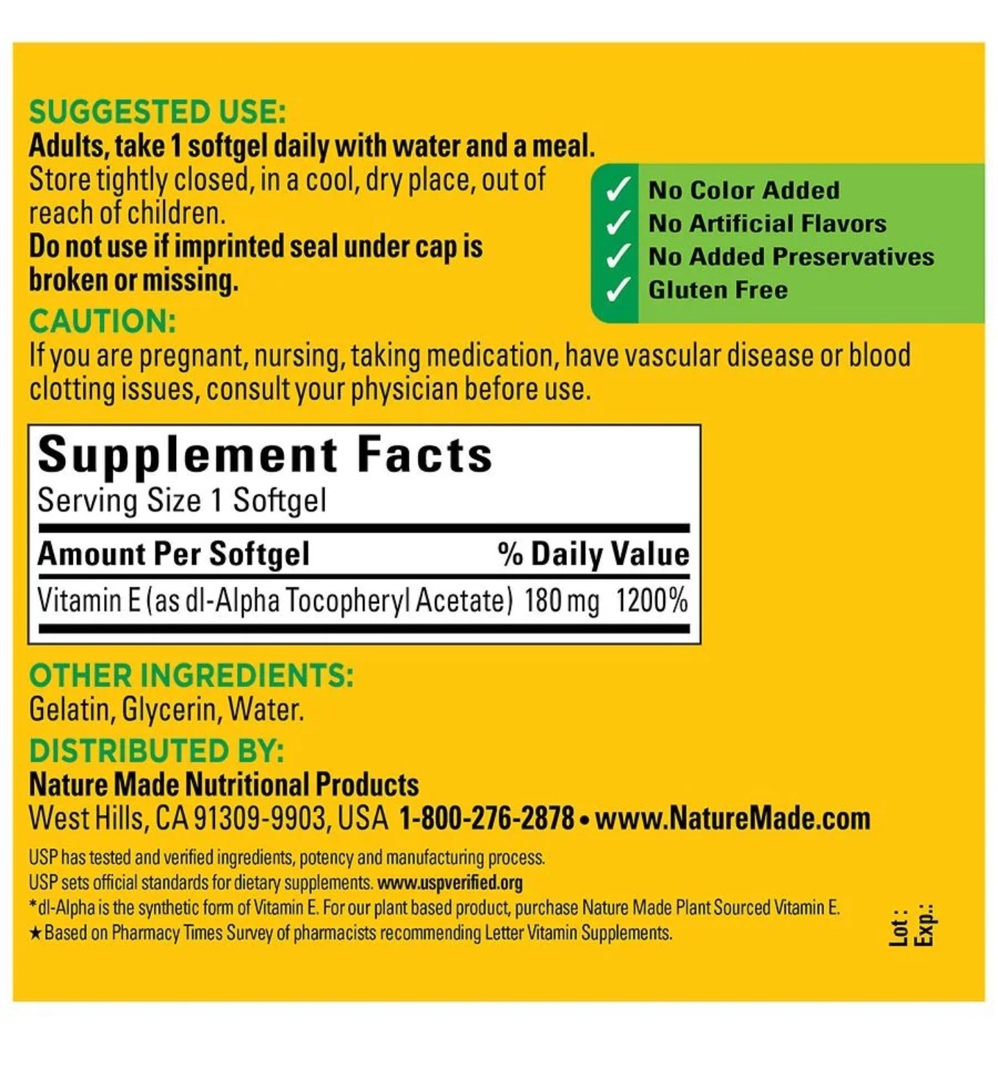 Nature Made Vitamin E 400 IU (180 mg) 300 Softgels Gluten-Free Antioxidant