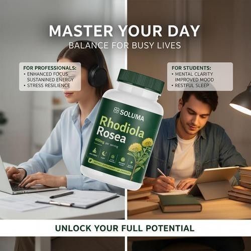 Soluma Rhodiola Rosea, 400mg Per Serving features Bioperine, 60 Capsules 1-3 pac