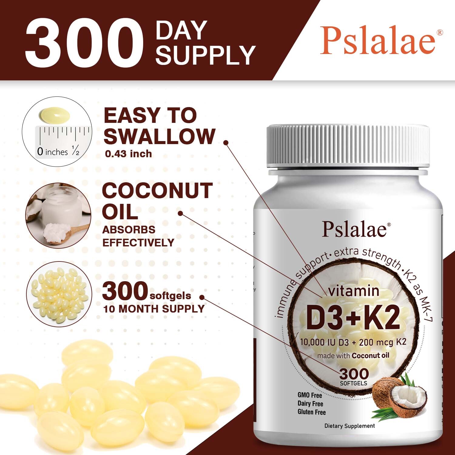 Vitamin D3+K2 MK7 10000 IU – Strong Bones, Immune Support – with Coconut Oil
