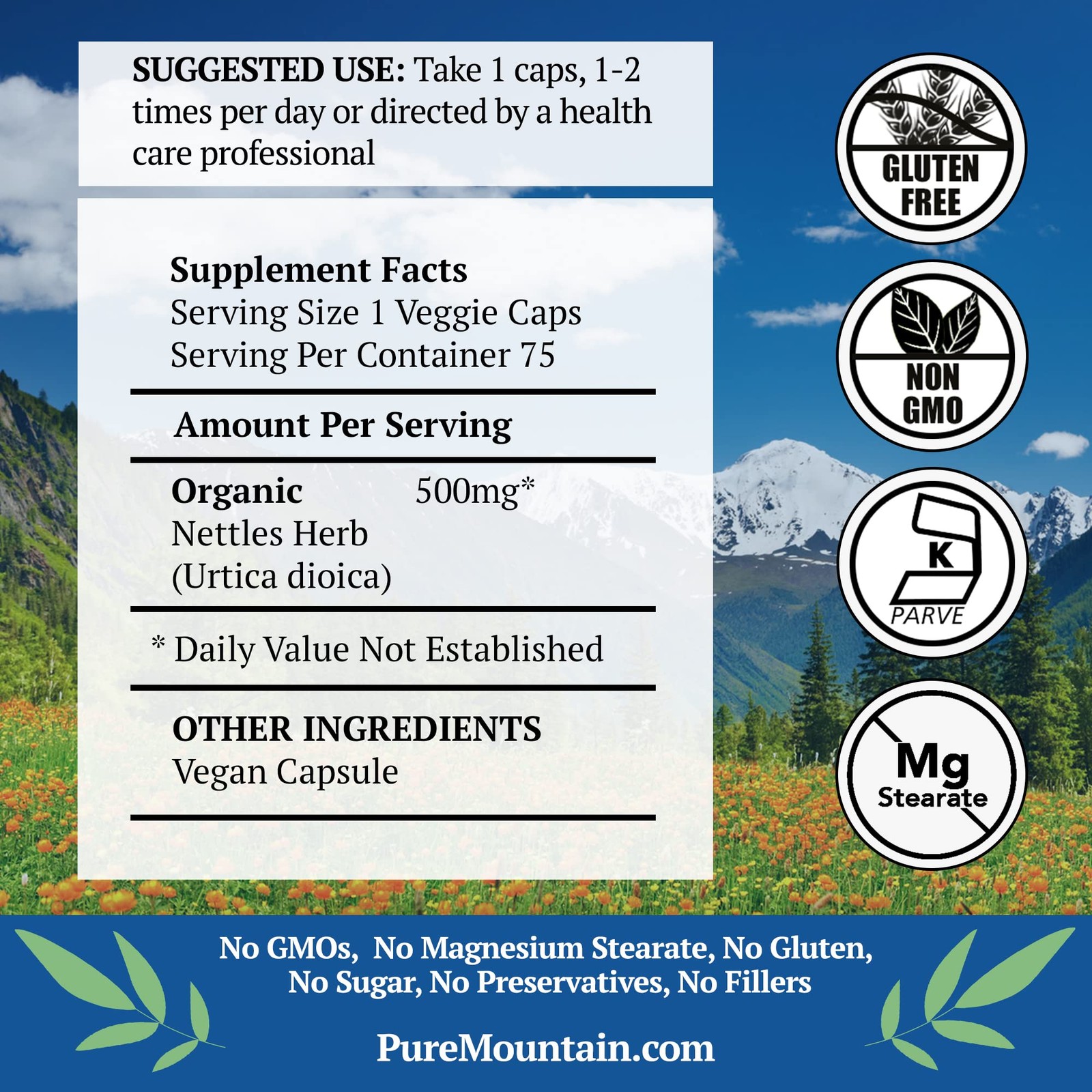 Pure Mountain Botanicals Stinging Nettle Leaf Capsules – 75 Count (Pack of 1)