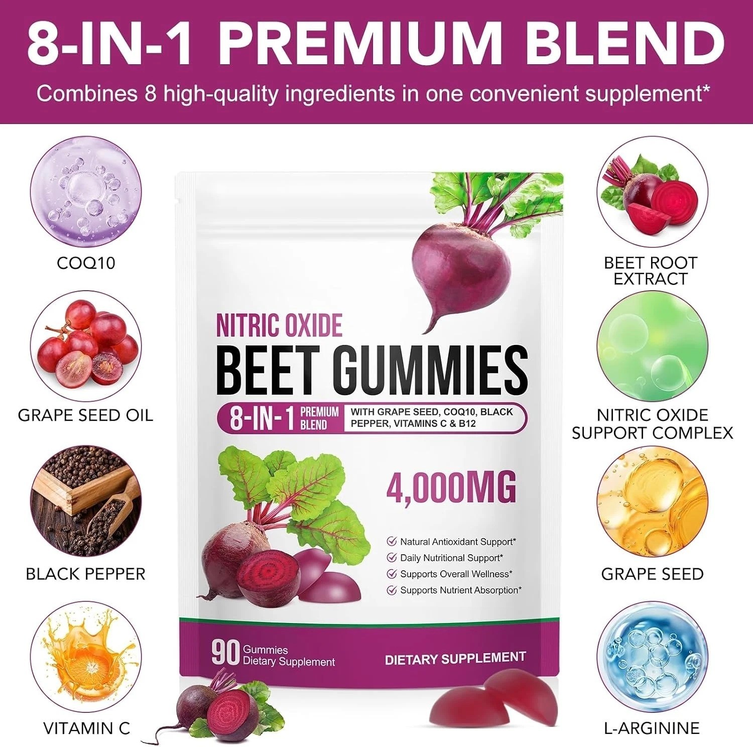 Super Beetroot Gummies, 8 in 1 Beet Root 4,000Mg with Grape Seed Extract & Coq10