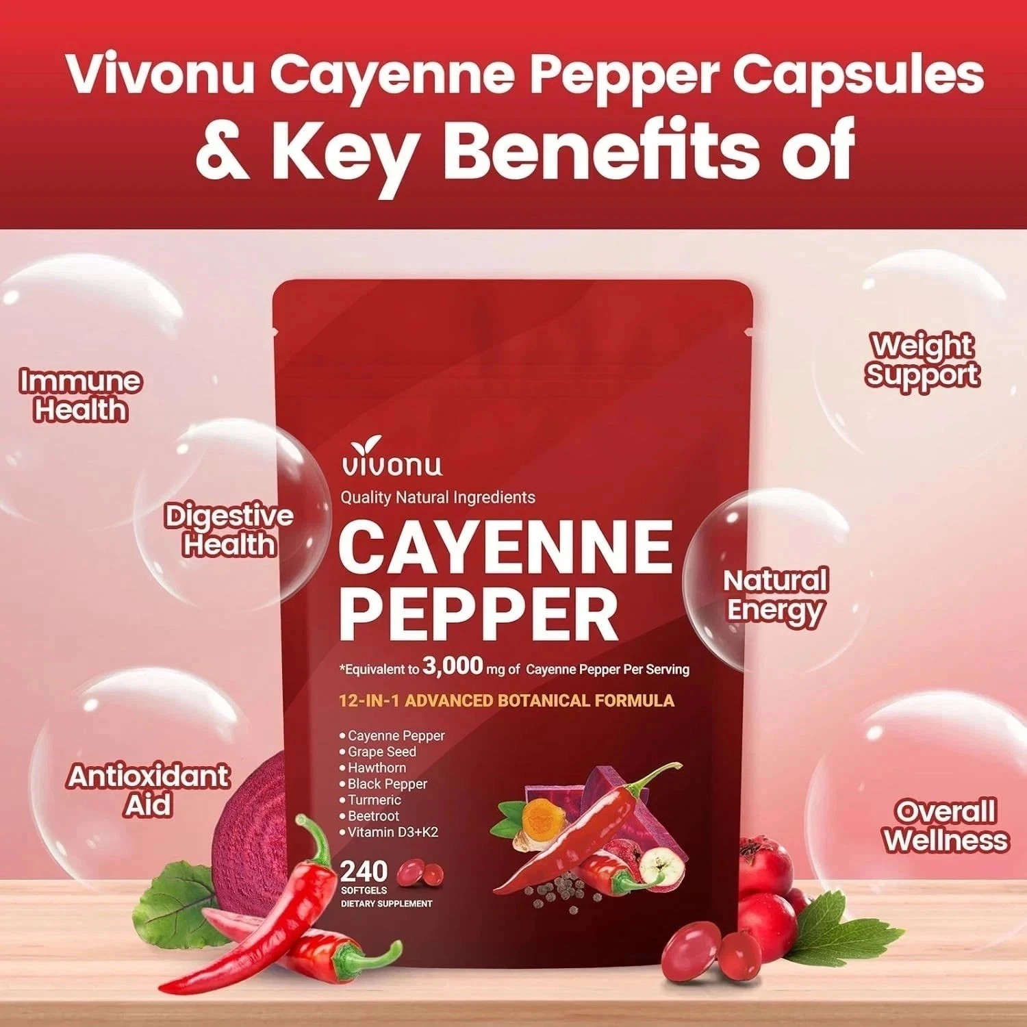 VivoNu Cayenne Pepper Softgels Health Formula – 240 Capsule Count NEW FREE SHIP