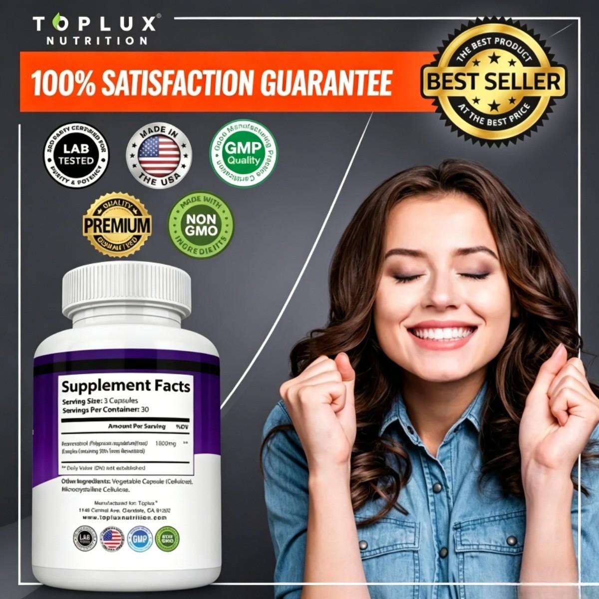 Toplux Resveratrol 1800mg – Natural High Potency Antioxidant for Cellular Health