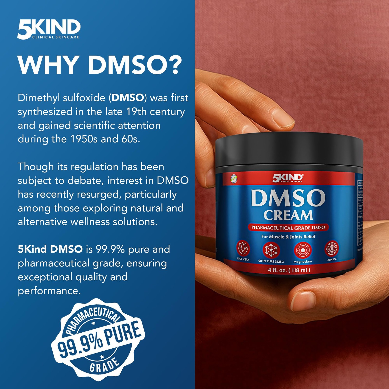 DMSO Pain Relief Cream 4 fl oz | 99.9% Pure, Aloe Vera, Menthol