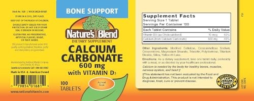 Nature’s Blend Calcium Carbonate 600 mg with D3 400 IU 100 Tablets,(Pack of 1),