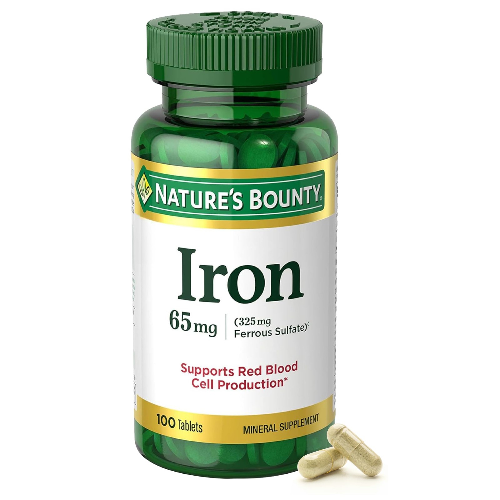 Nature’s Bounty Iron 65mg, 325 mg Ferrous 100 Count (Pack of 1), Green