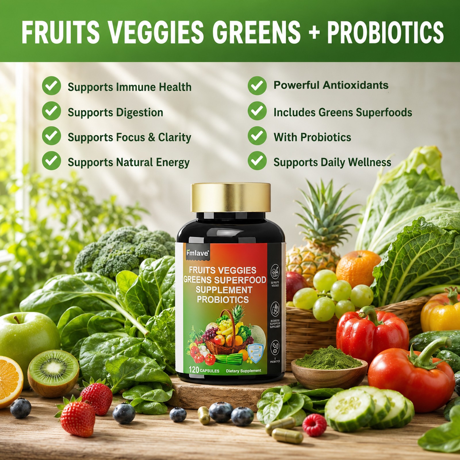 3pcs 70 Fruits and Veggies Whole Food Supplement w/ Probiotics for Gut 360 Count