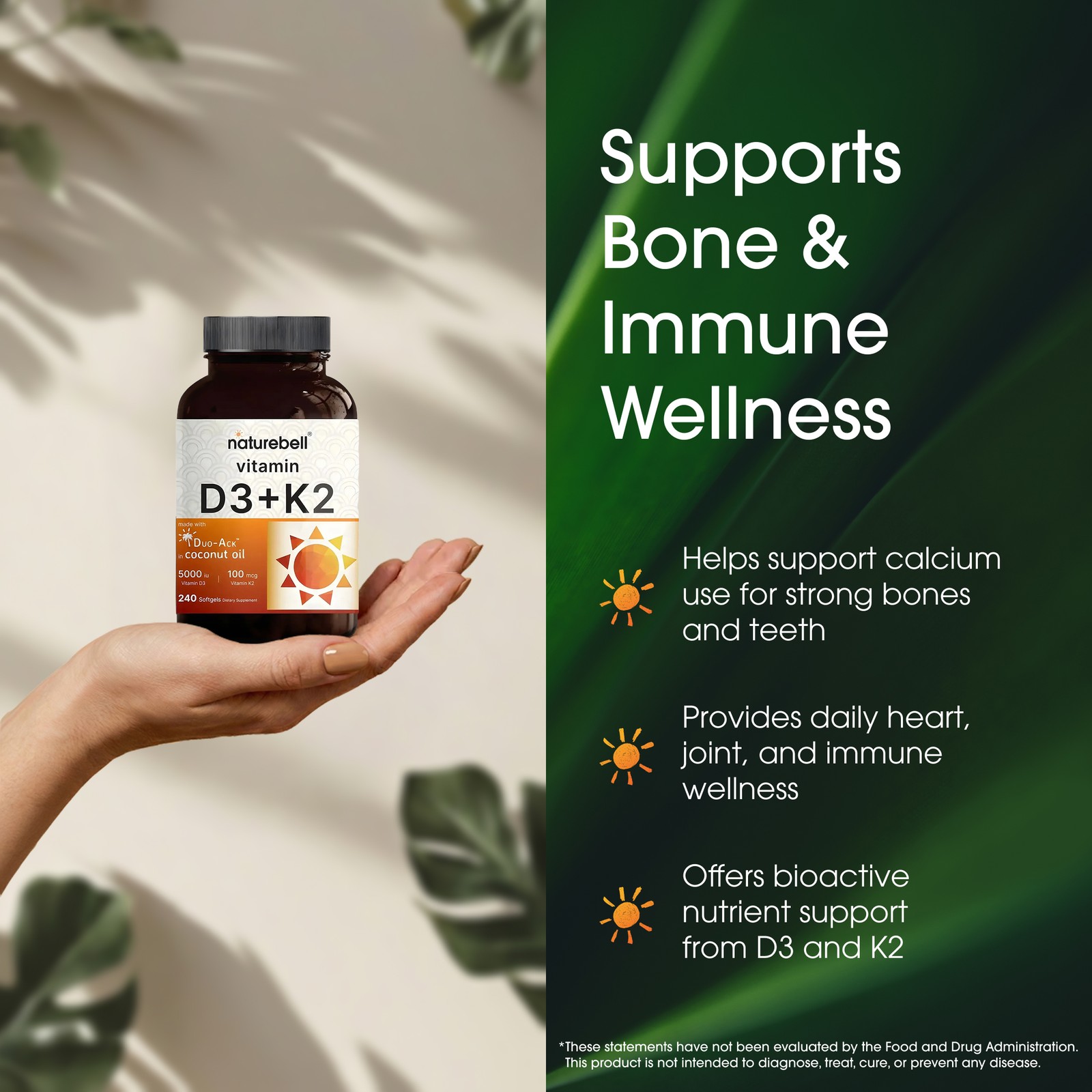 NatureBell Vitamin D3 K2 5000 IU 240 Softgels MK-7 Coconut Oil – 240 Servings