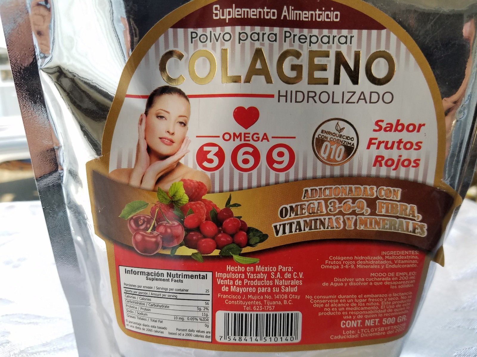 1X Colageno Hidrolizado 500g, Omega 3-6-9 ( Q10 )(Sabor Frutos Rojos ) ( 1 Bag )