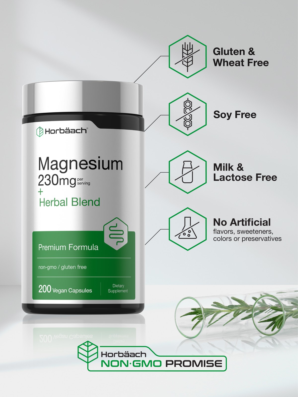 Magnesium Supplement 230mg | 200 Vegan Capsules | by Horbäach