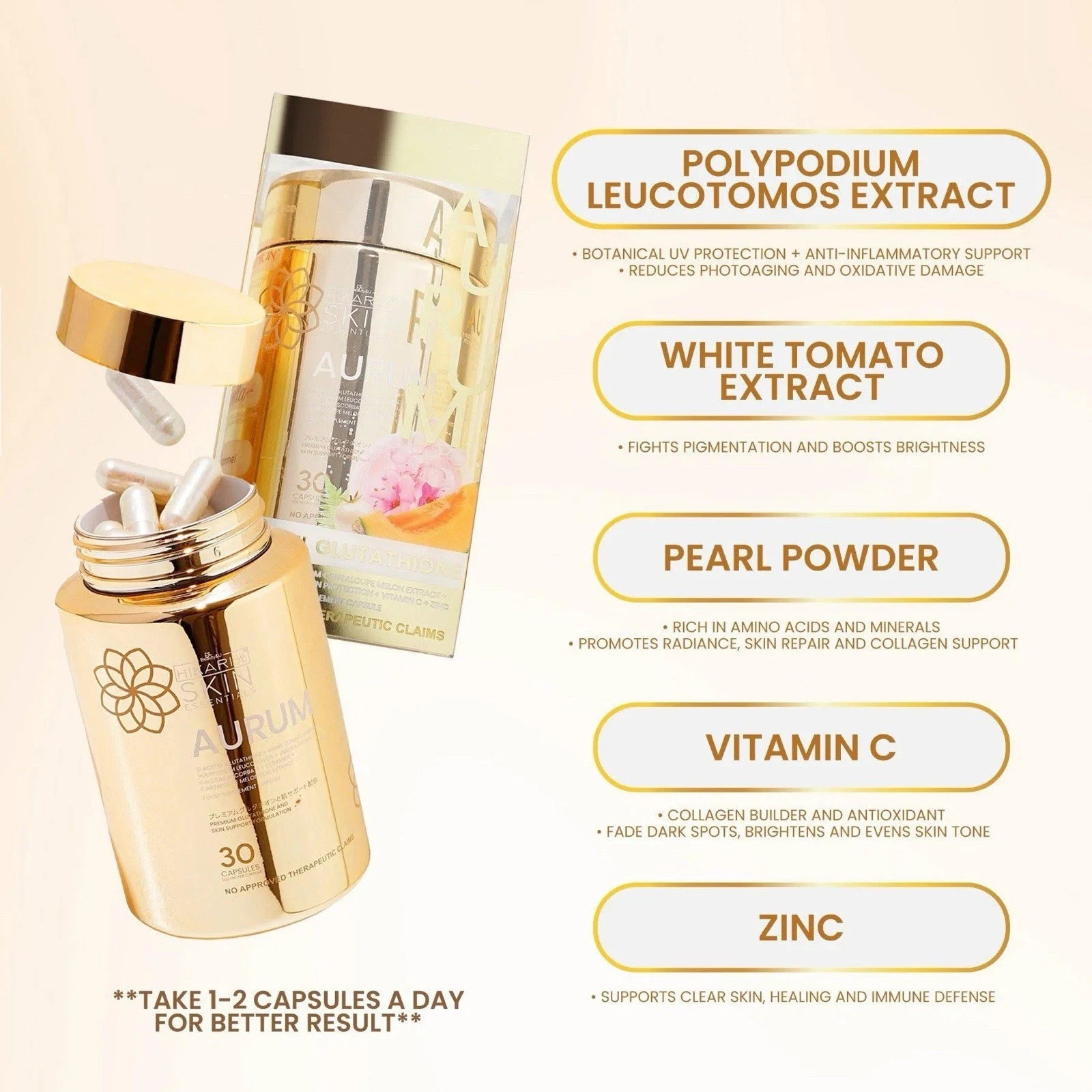 Hikari Aurum S-Acetyl Glutathione Sakura White Tomato Ceramide 30 Capsules