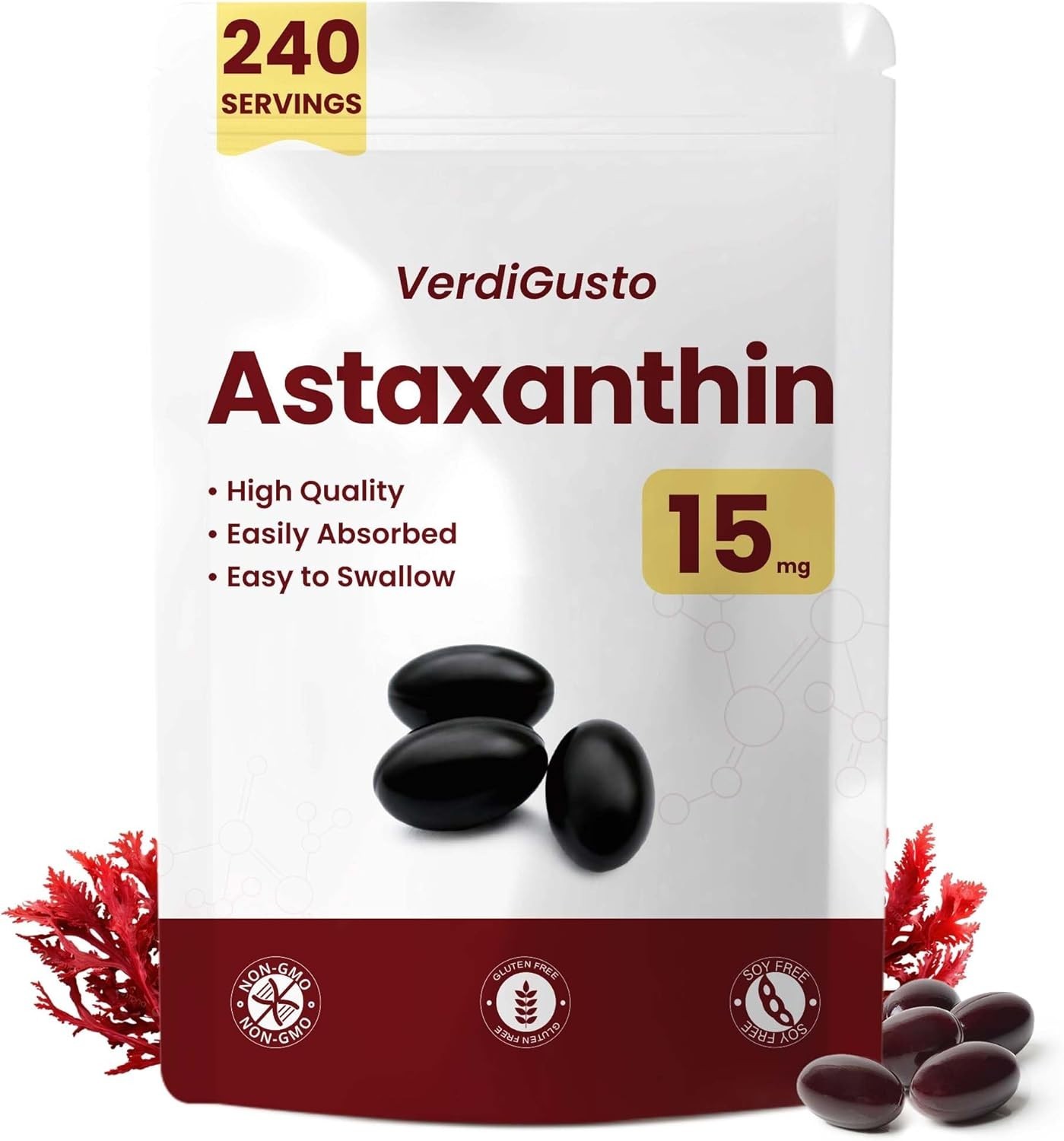 VerdiGusto 15mg Astaxanthin | 240 Softgels | 1 Count (Pack of 240), Red