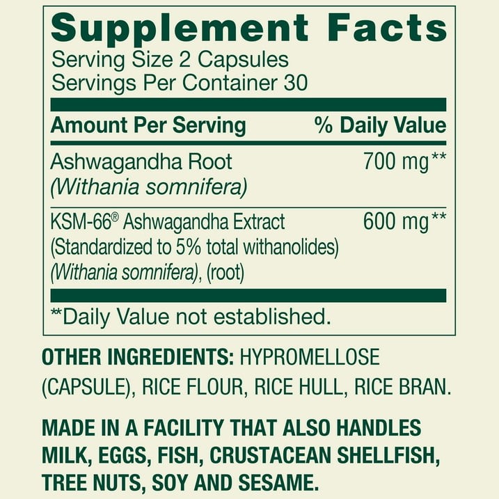 Spring Valley Ashwagandha 1300mg Dietary Supplement 60 Vegetarian Capsules