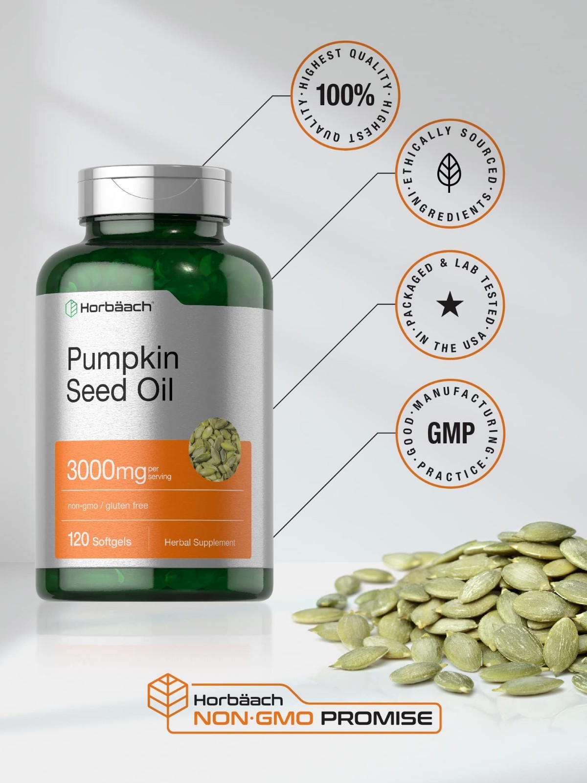 Pumpkin Seed Oil Capsules | 3000mg | 120 Softgels | Cold Pressed | by Horbaach