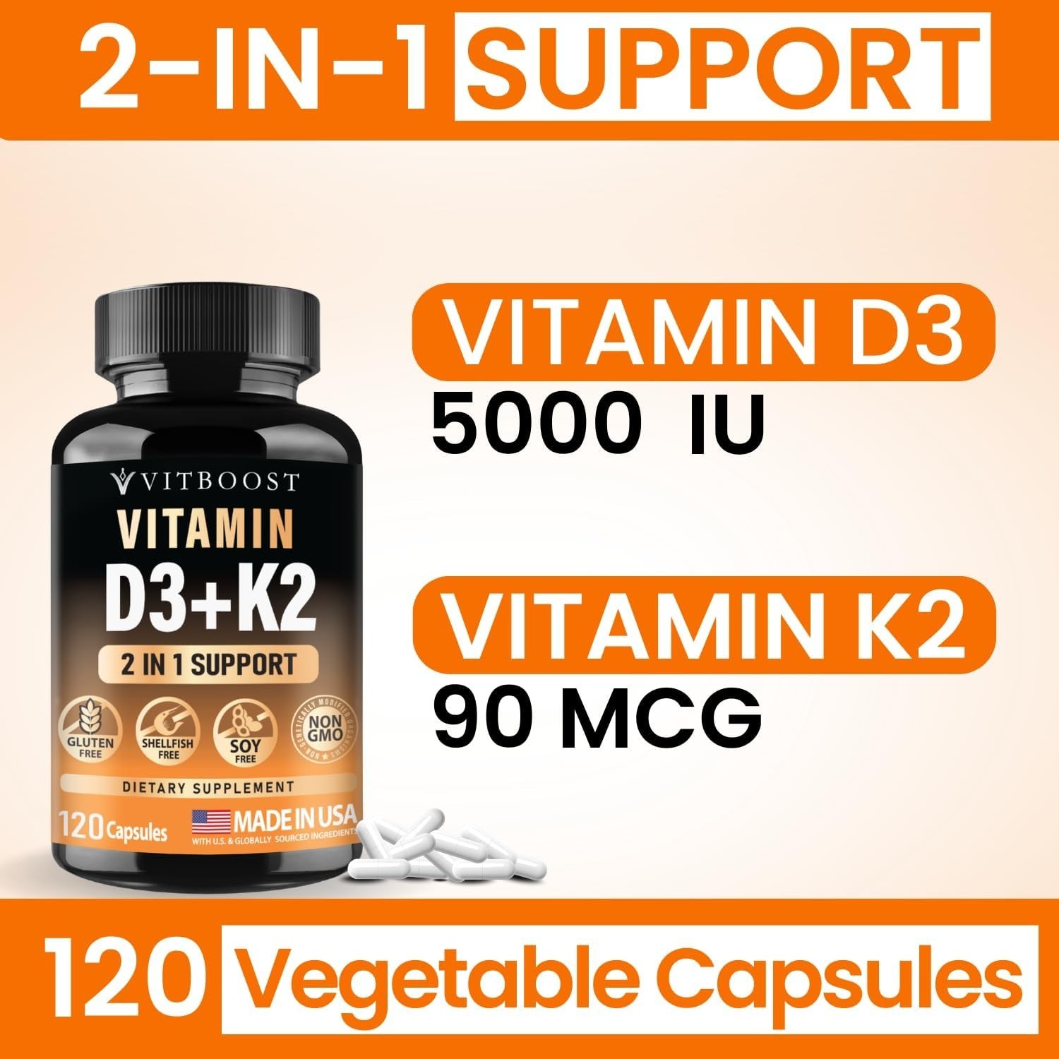 VITBOOST Vitamin D3 K2 Complex – Easy to Swallow | Gluten-Free | USA Made 120CAP