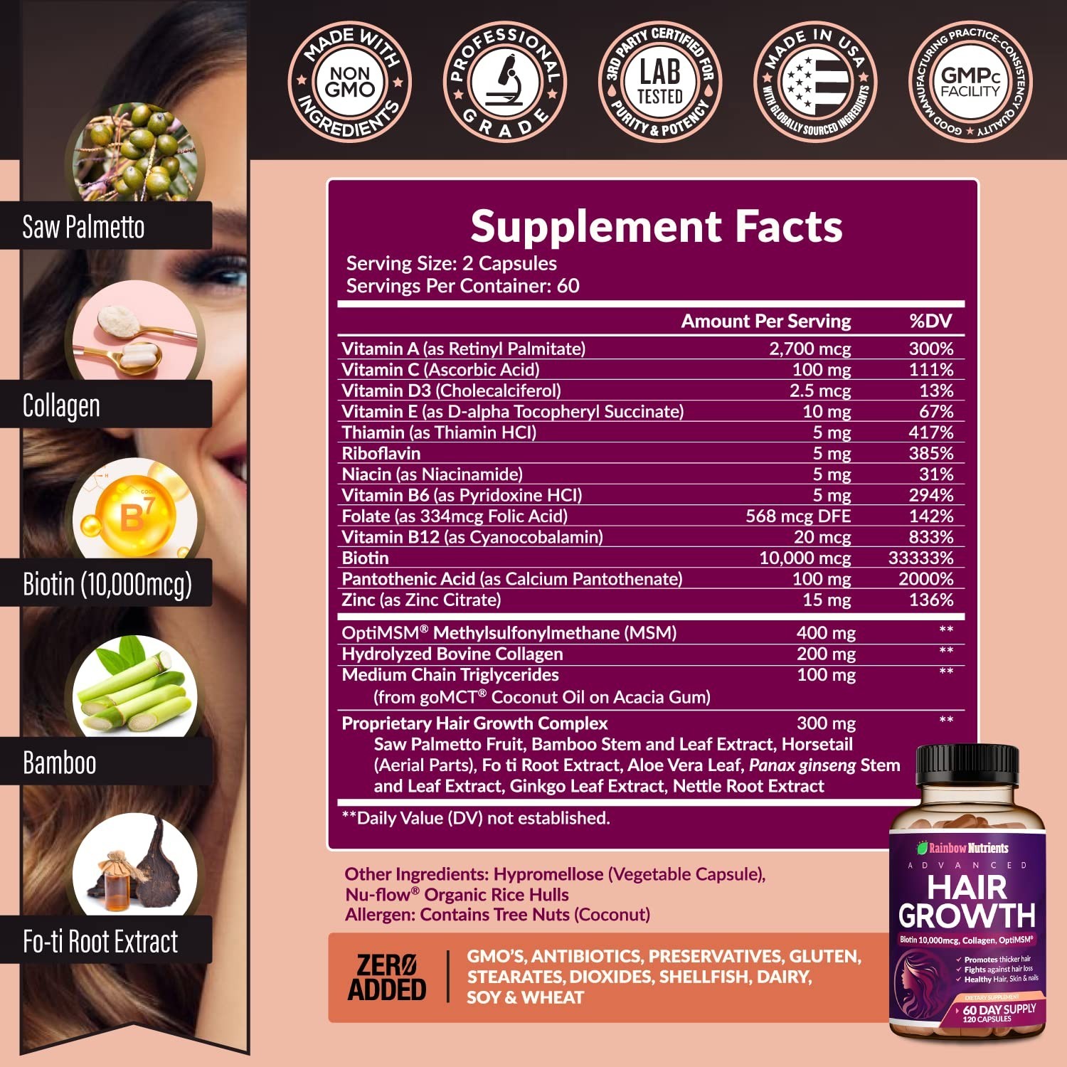 (2 Pack) Hair Growth Vitamins for Women | Biotin 10,000mcg, Collagen, Patente…