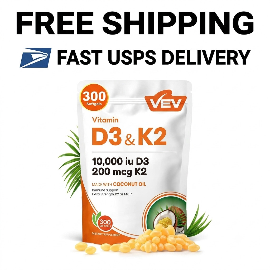 VEV 300 Softgels Vitamin D3 K2–10000 IU,2-in-1 with Coconut Oil for Bone & Heart