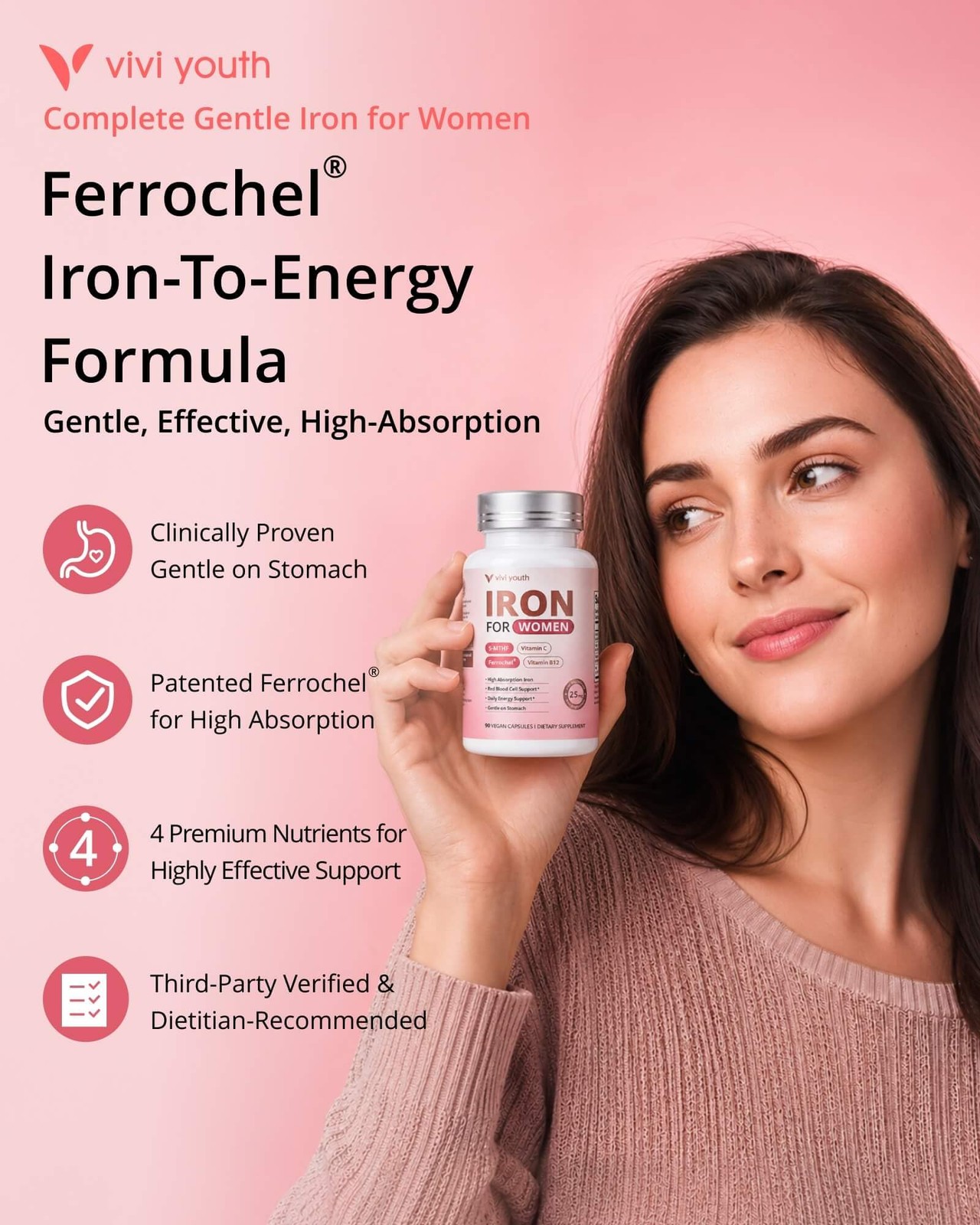 Gentle Iron Supplement for Women, Ferrochel® 90 Count (Pack of 1) Vegan