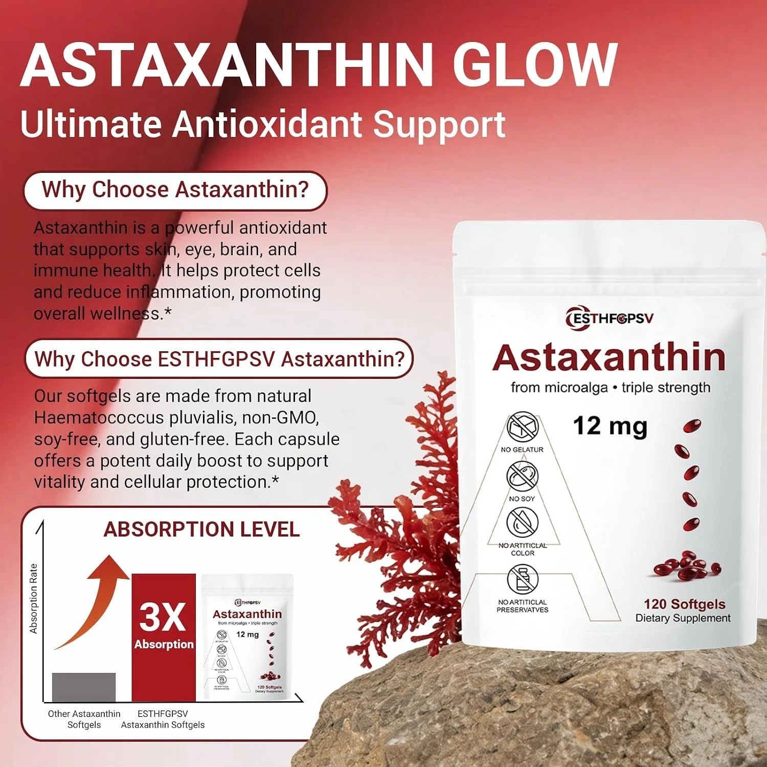 Astaxanthin 12mg 120 Softgels, 4 Month Supply,Triple Strength,Non-GMO,Eye Health