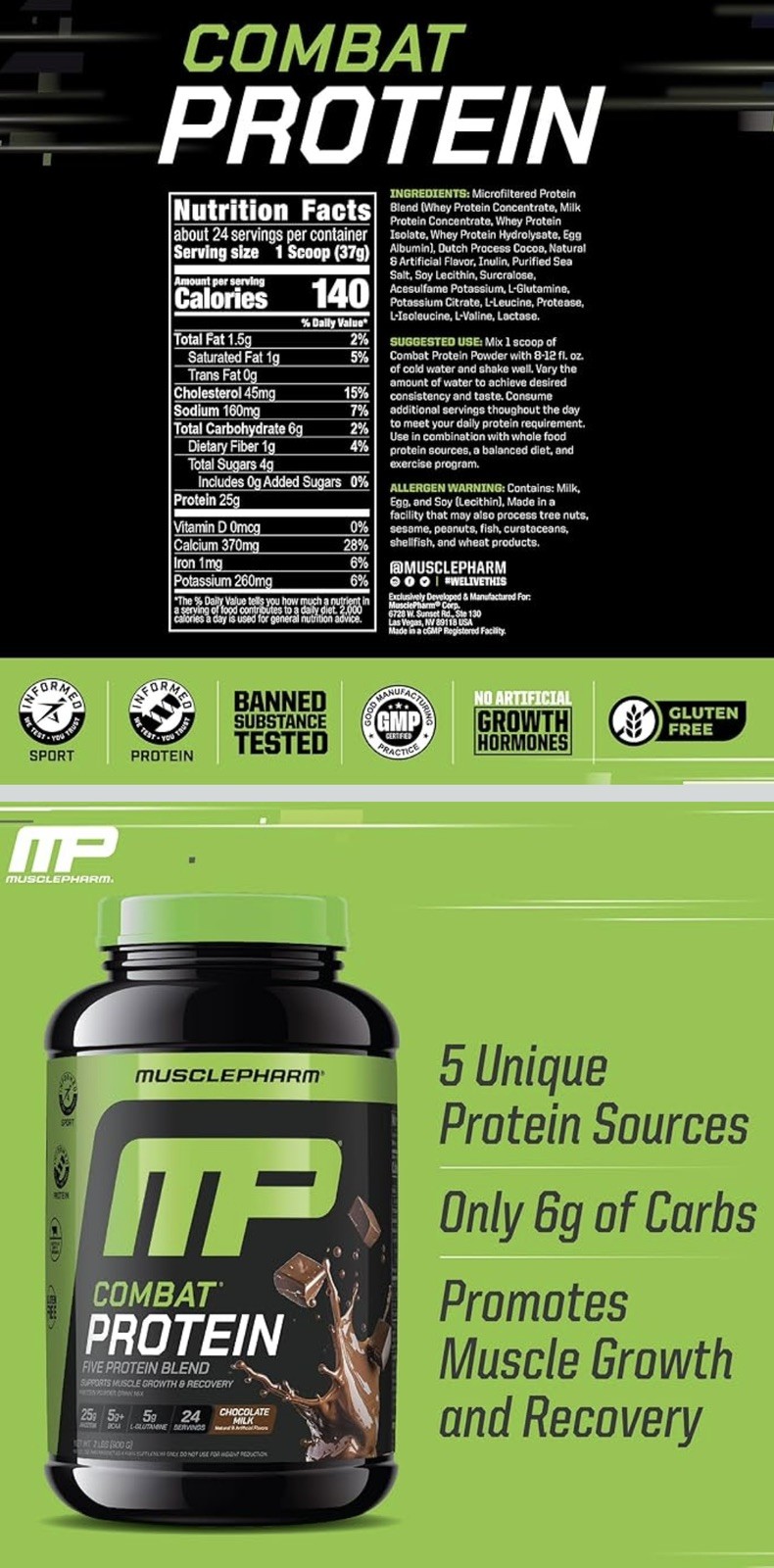 Muscle Pharm Combat Sport 2lb Whey Protein Powder ~ Chocolate Milk -EXP 7/26