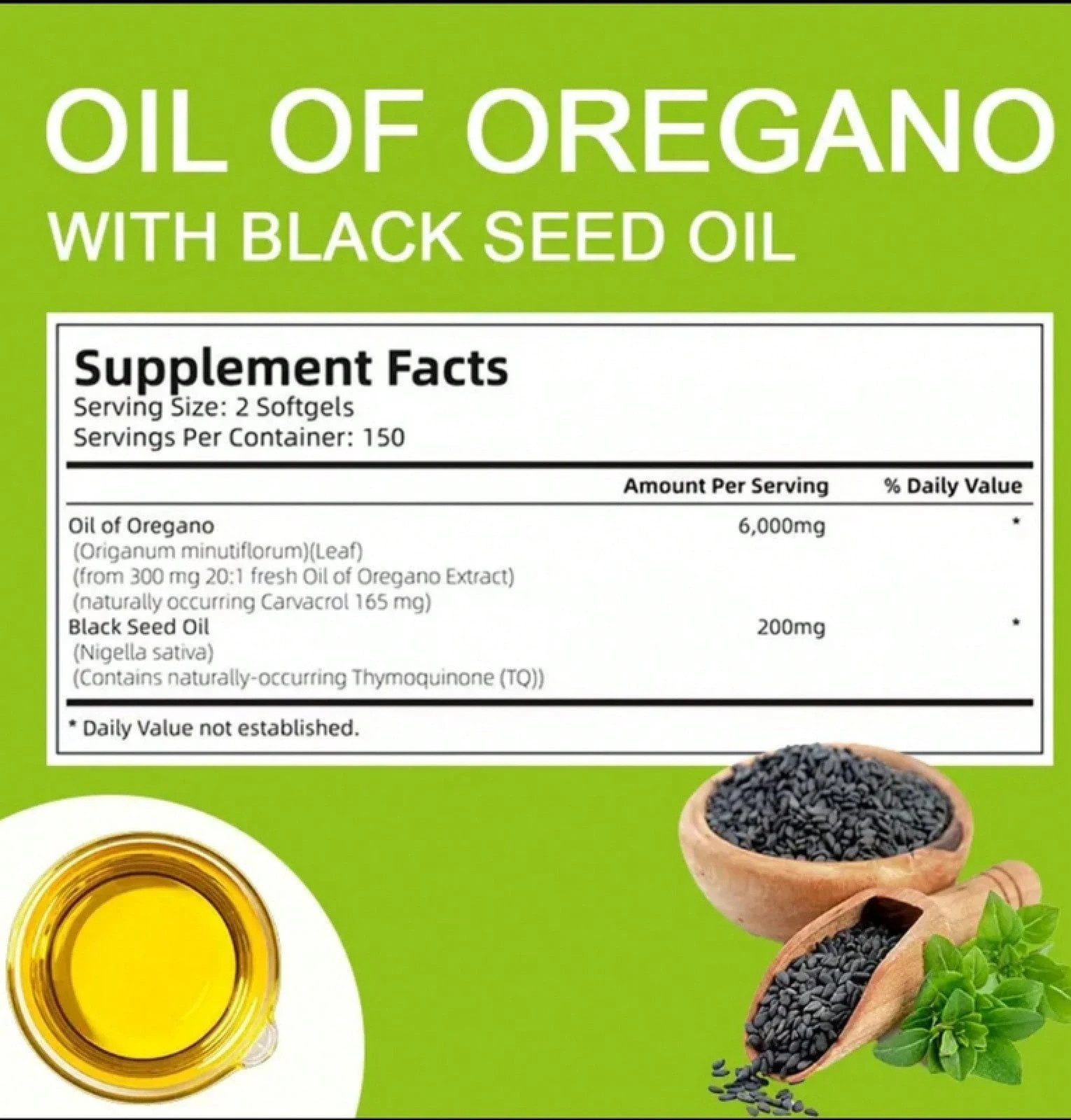 Oregano Oil 6000mg 300 Softgel Capsules with Black Seed Oil Supplement