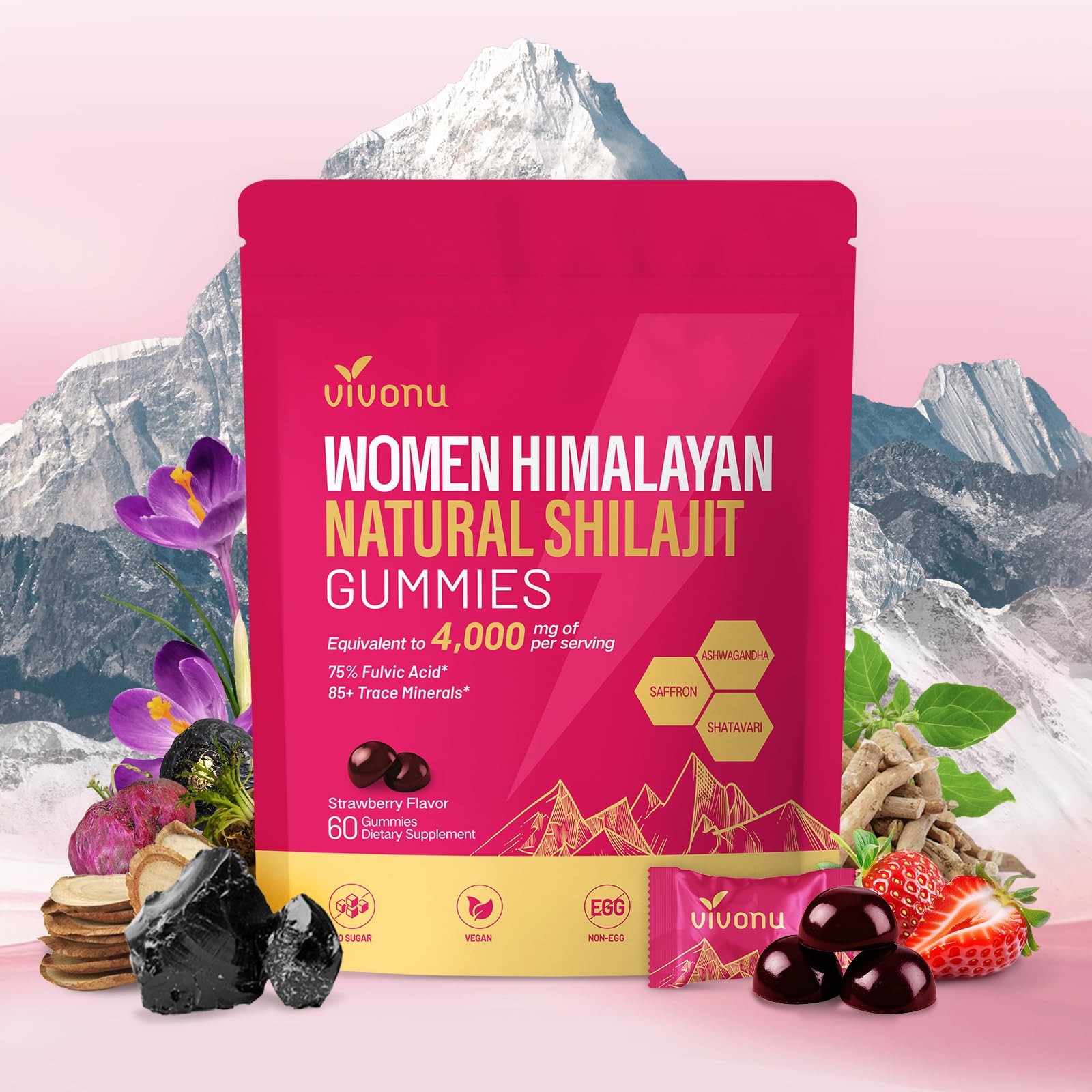 Himalayan* Shilajit* Gummies with 60 Count (Pack of 1), .Pink