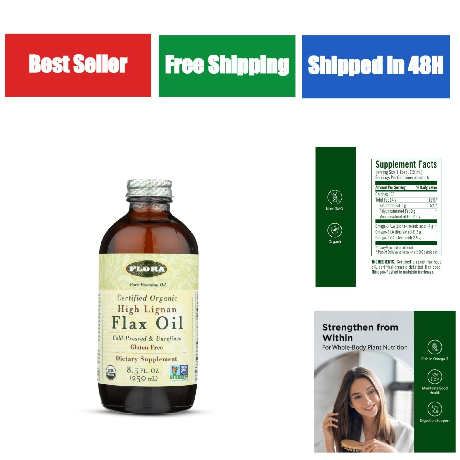 Flora High Lignan Flax Oil – Omega-3, 6 & 9 – Organic – 8.5 fl oz