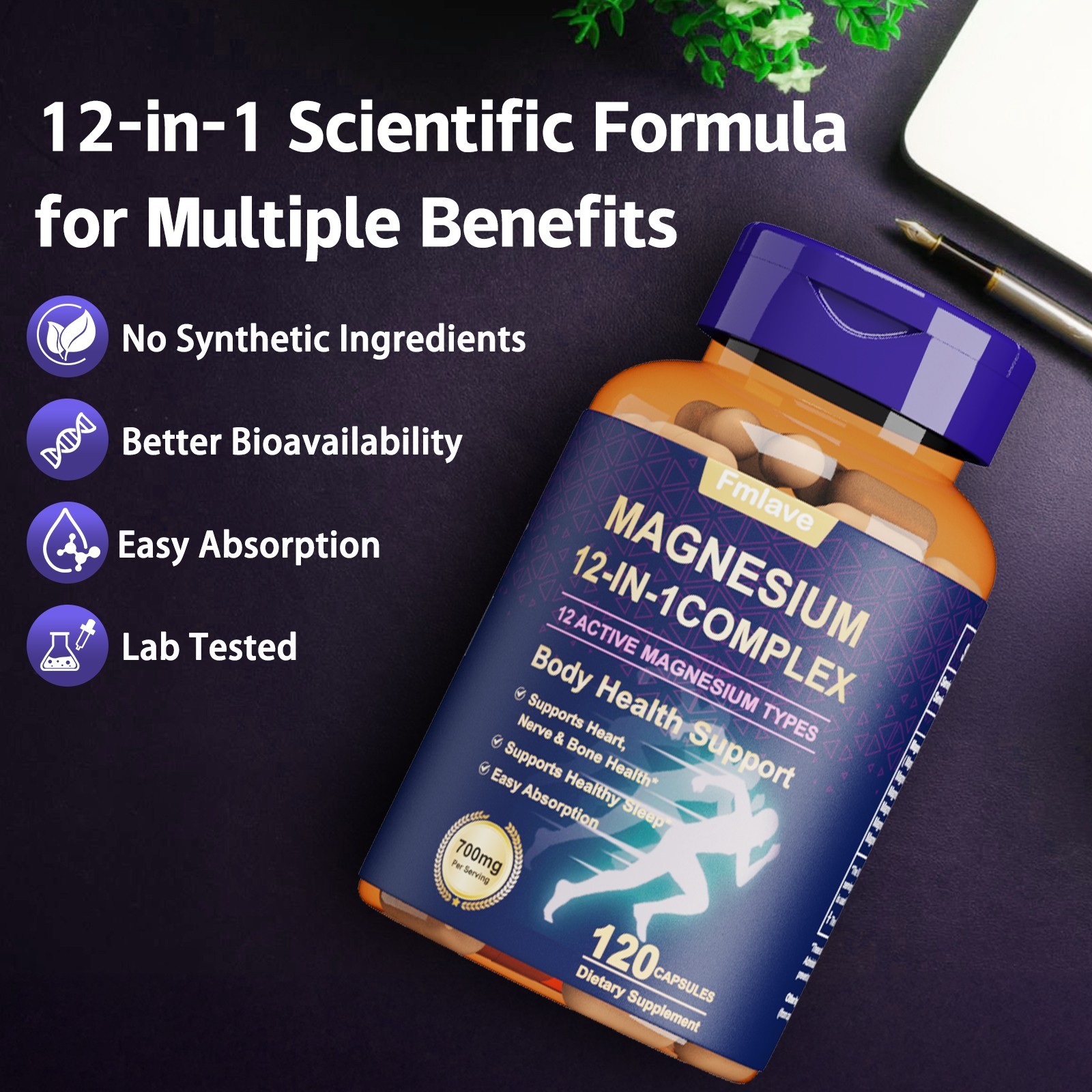 12 in 1 Magnesium Complex Supplement: 700mg of 12-element Magnesium, 120 caps