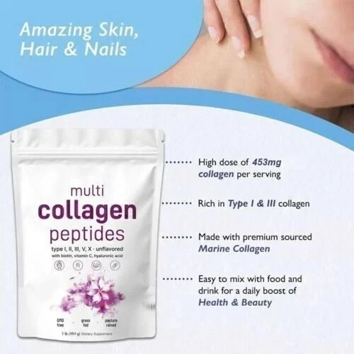 Multi I, II, X Type V, Collagen Peptides Powder–Hydrolyzed III, Protein with 2LB