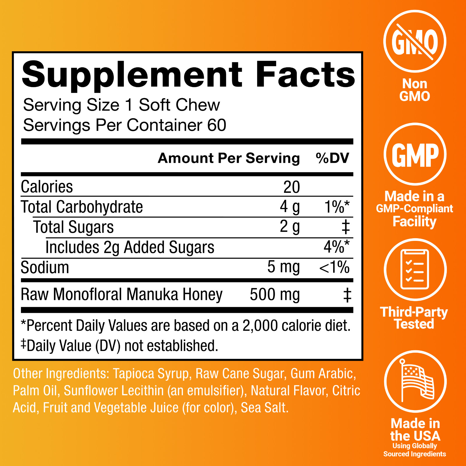 Force Factor Royal Manuka Honey MGO 130 Immune Digestion Energy 60 Soft Chews