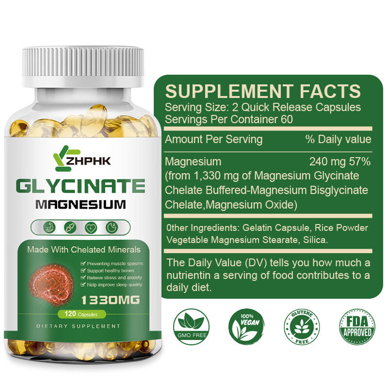 Magnesium Glycinate 1330mg 120 Capsules For Sleep Stress Relief Support Bone Lot