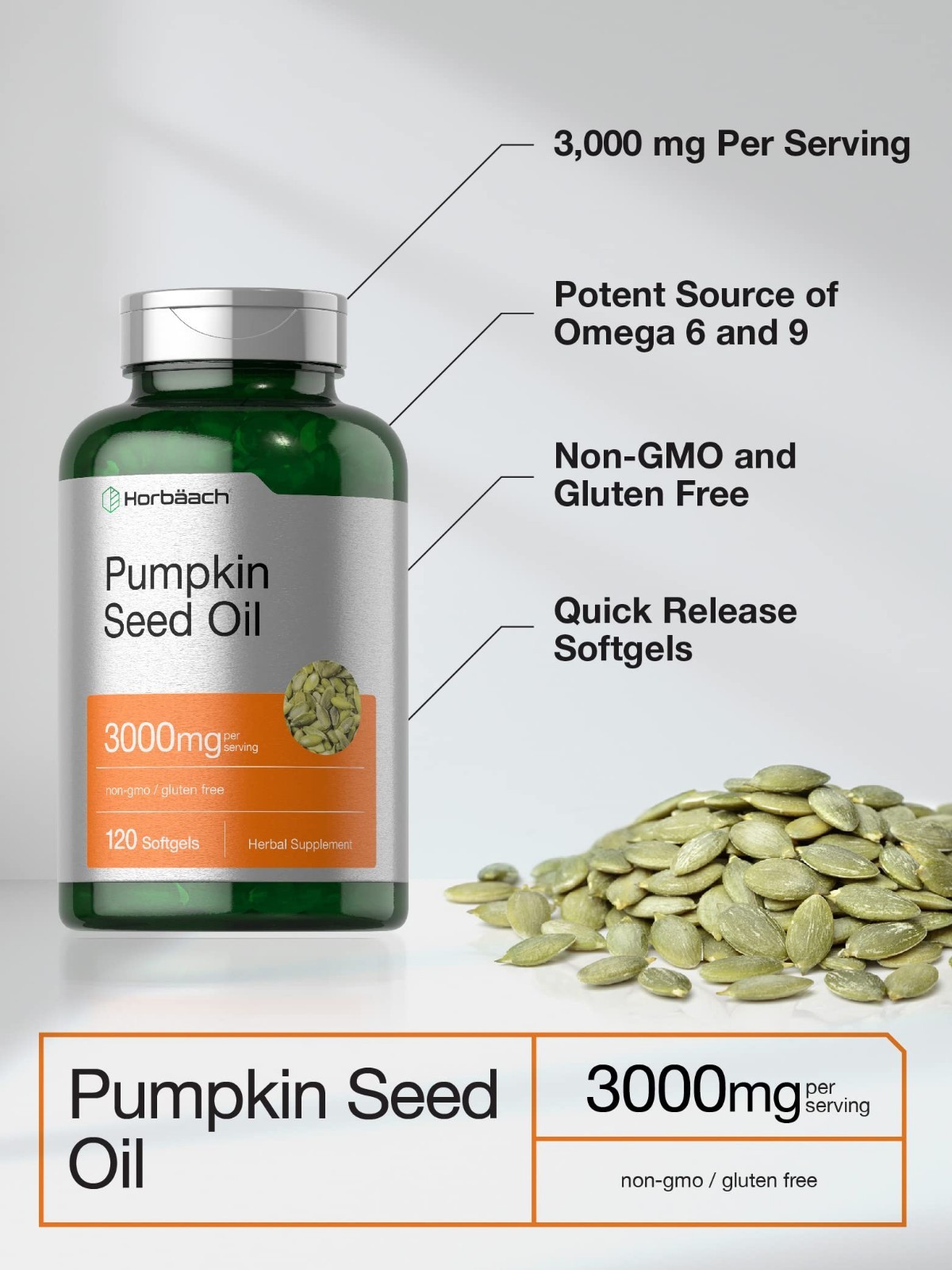 Pumpkin Seed Oil Capsules | 3000mg | 120 Softgels | Cold Pressed | by Horbaach