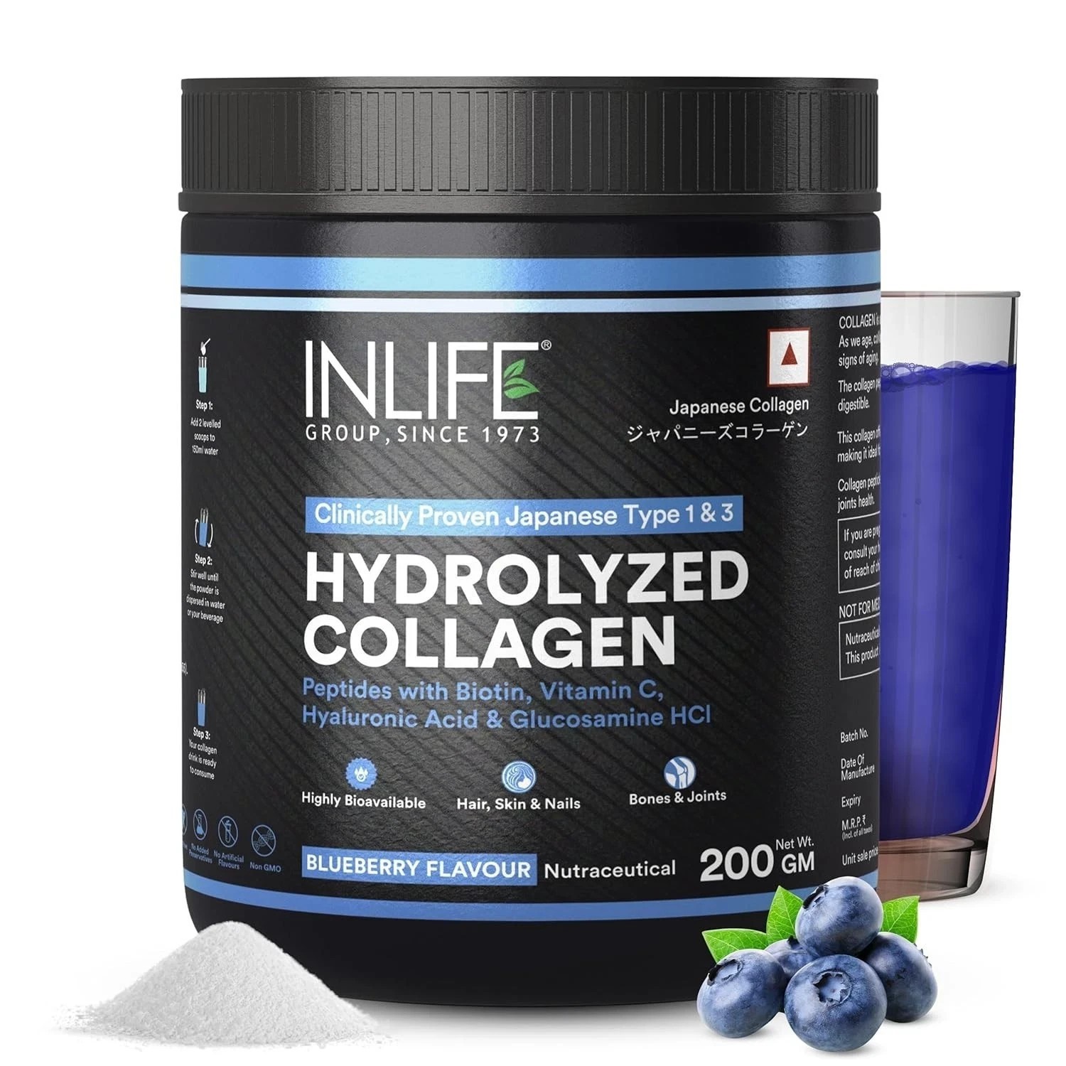 INLIFE Japanese Collagen Powder Biotin & Hyaluronic Acid (Blueberry, 200g) i068