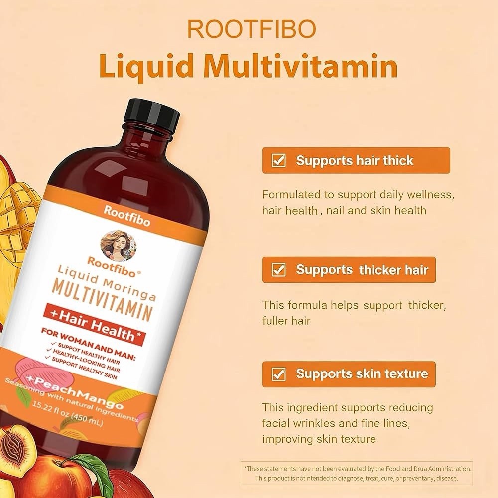 Liquid Morning Multivitamin + Hair Growth, Peach Mango, 15.22 fl oz (450 ml)