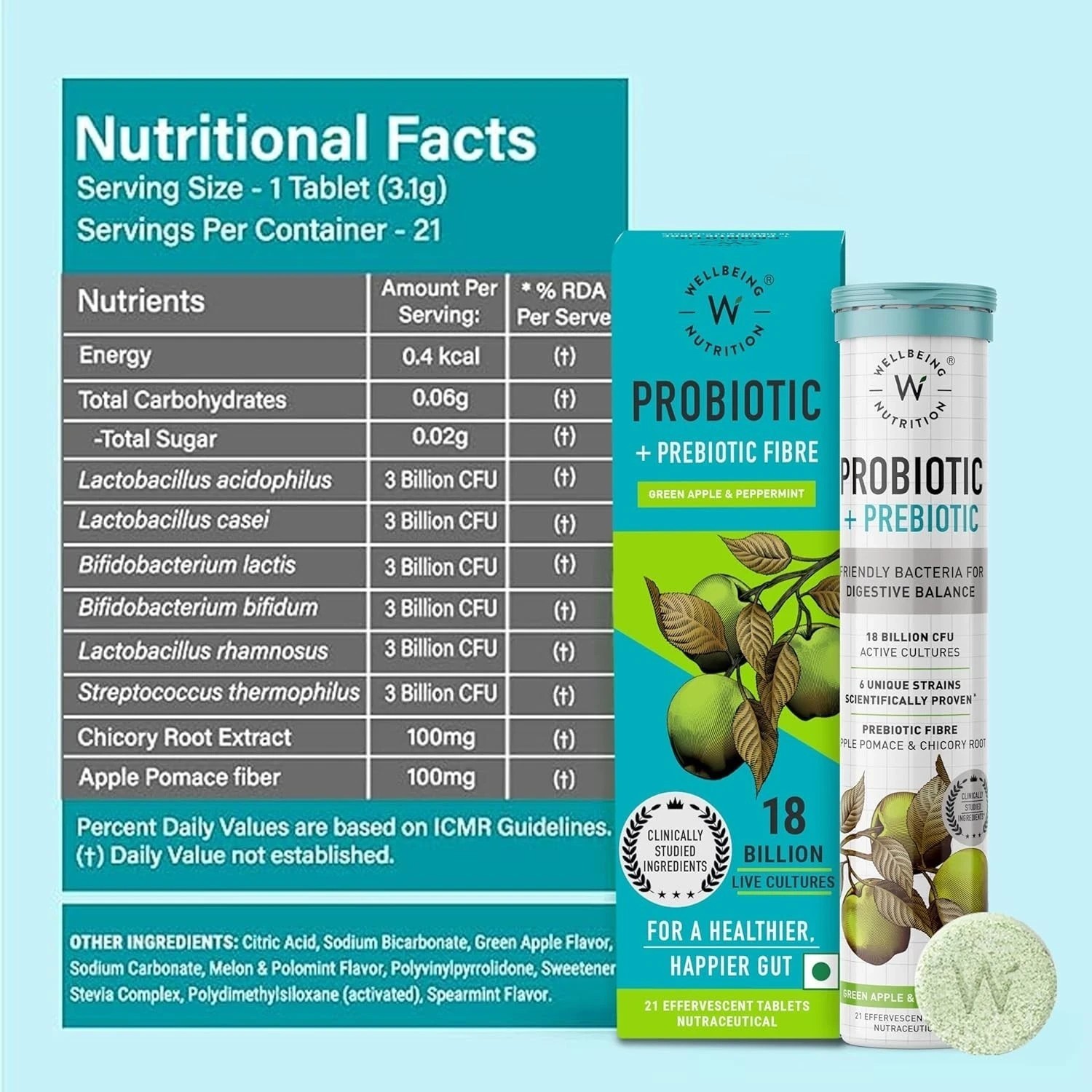 Wellbeing Nutrition Probiotics + Prebiotics – 21 Effervescent Tabs ( Pack of 2 )