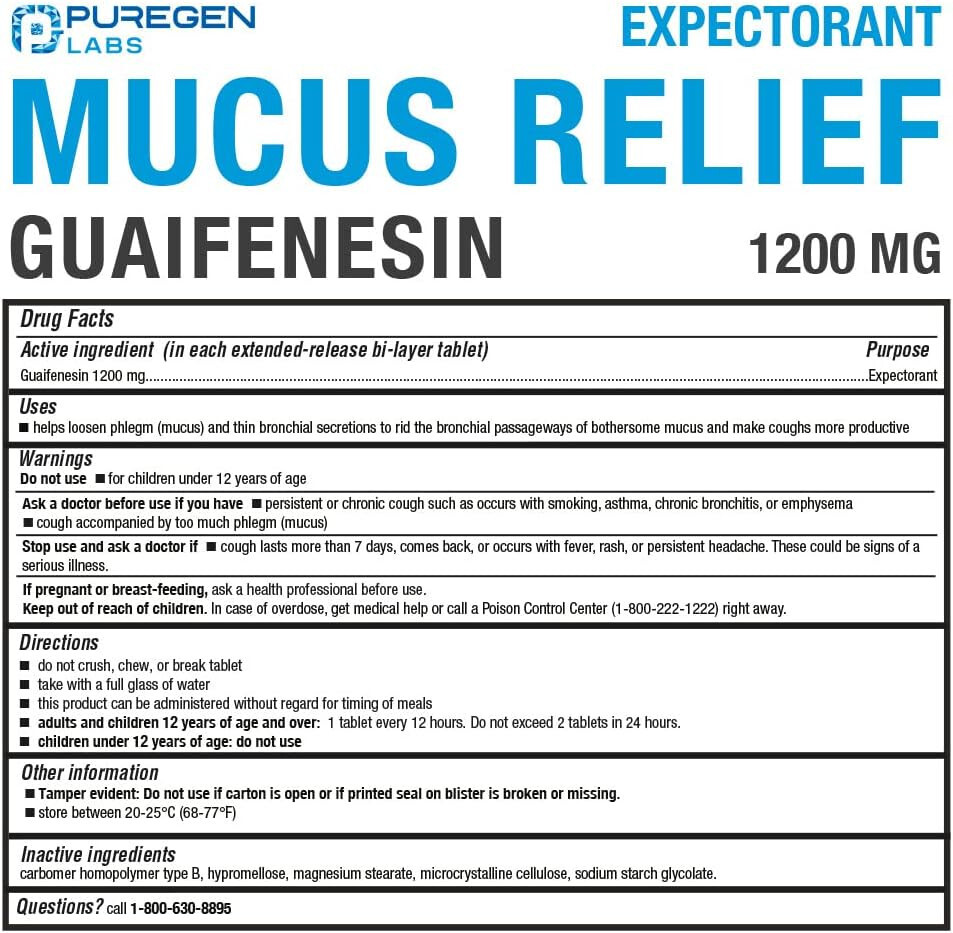 Puregen Labs Mucus Relief 12 Hour Guaifenesin 1200mg 110 Tablets 3 pack