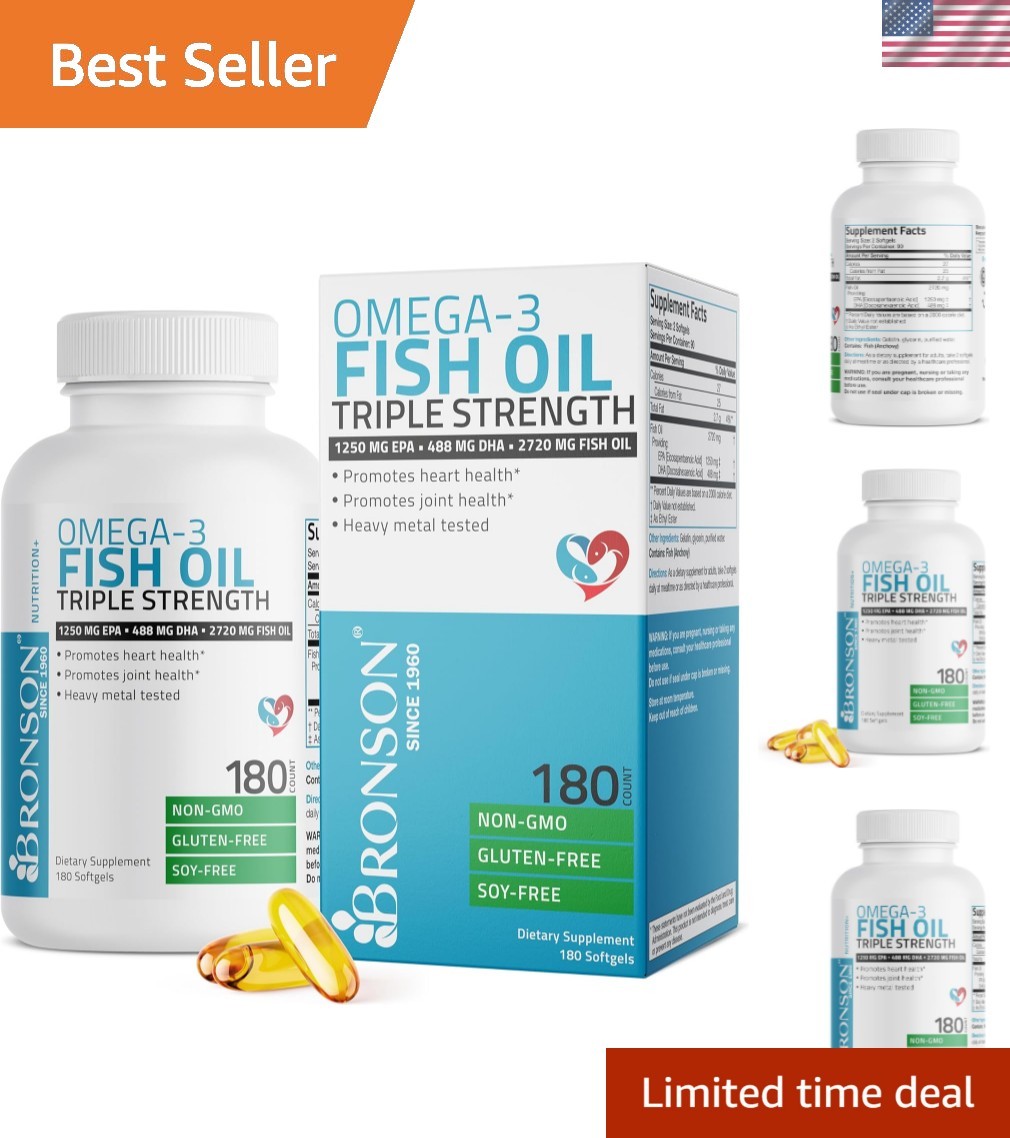 Omega 3 Fish Oil Triple Strength 2720 mg, High EPA 1250 mg DHA 488 mg, Non-GM…