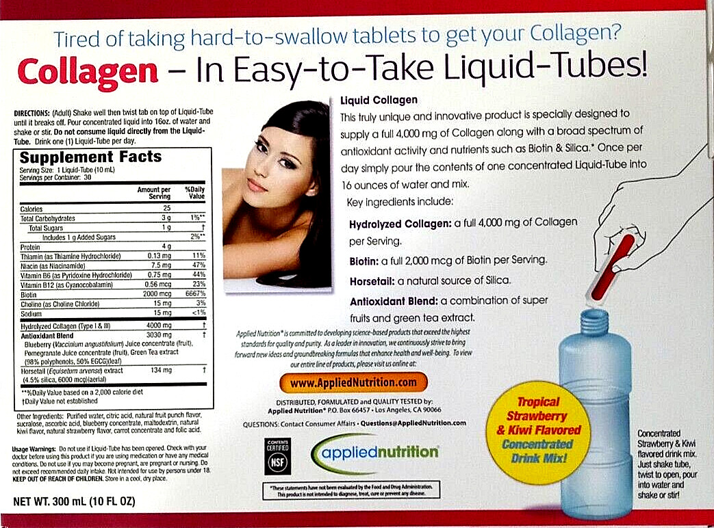 Applied Nutrition Liquid Collagen Type I & II Strawberry/Kiwi 30 ct EXP 05/2025