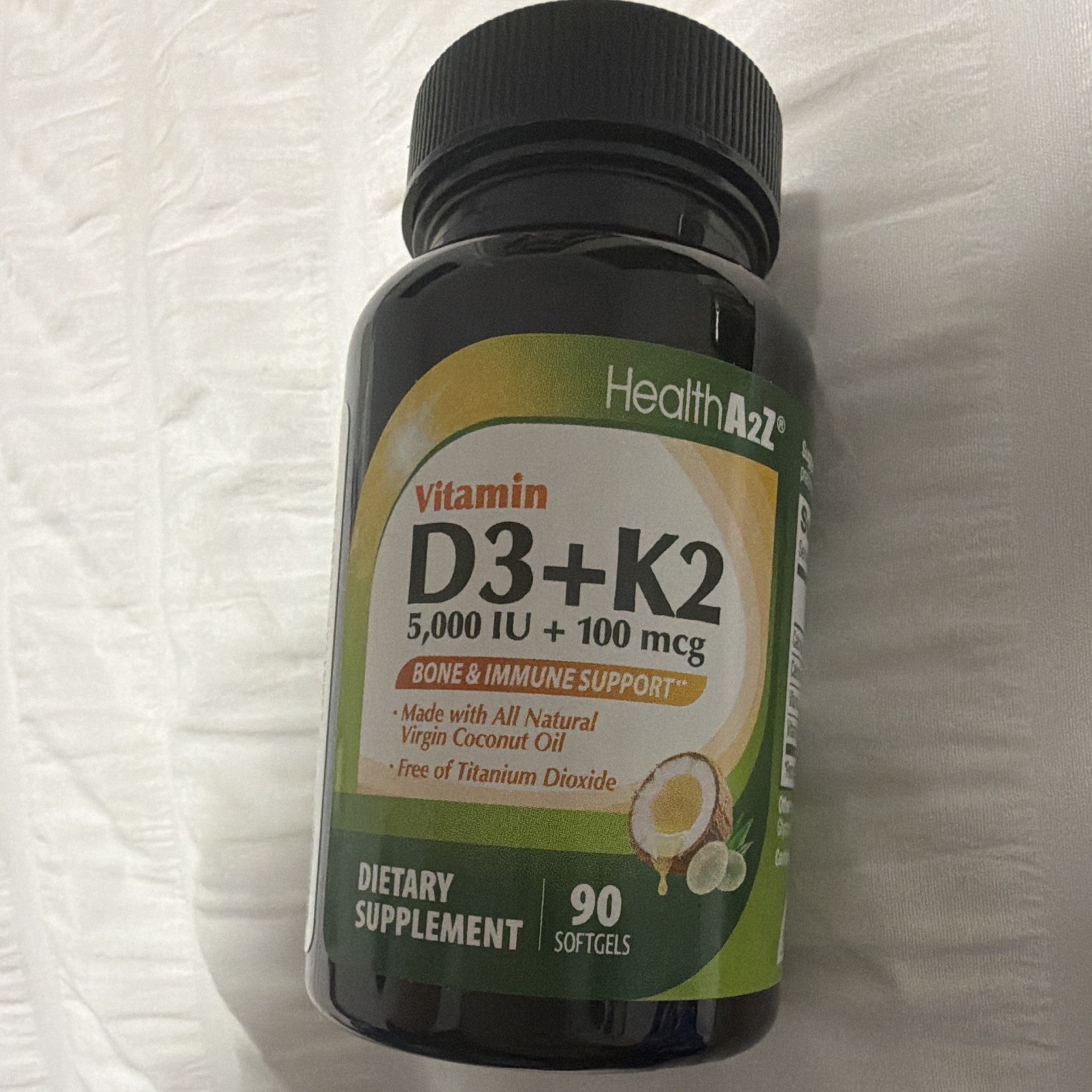 HealthA2Z Vitamin D3 + K2 Bone & Immune Support 5000 IU + 100 mcg 90 Softgels