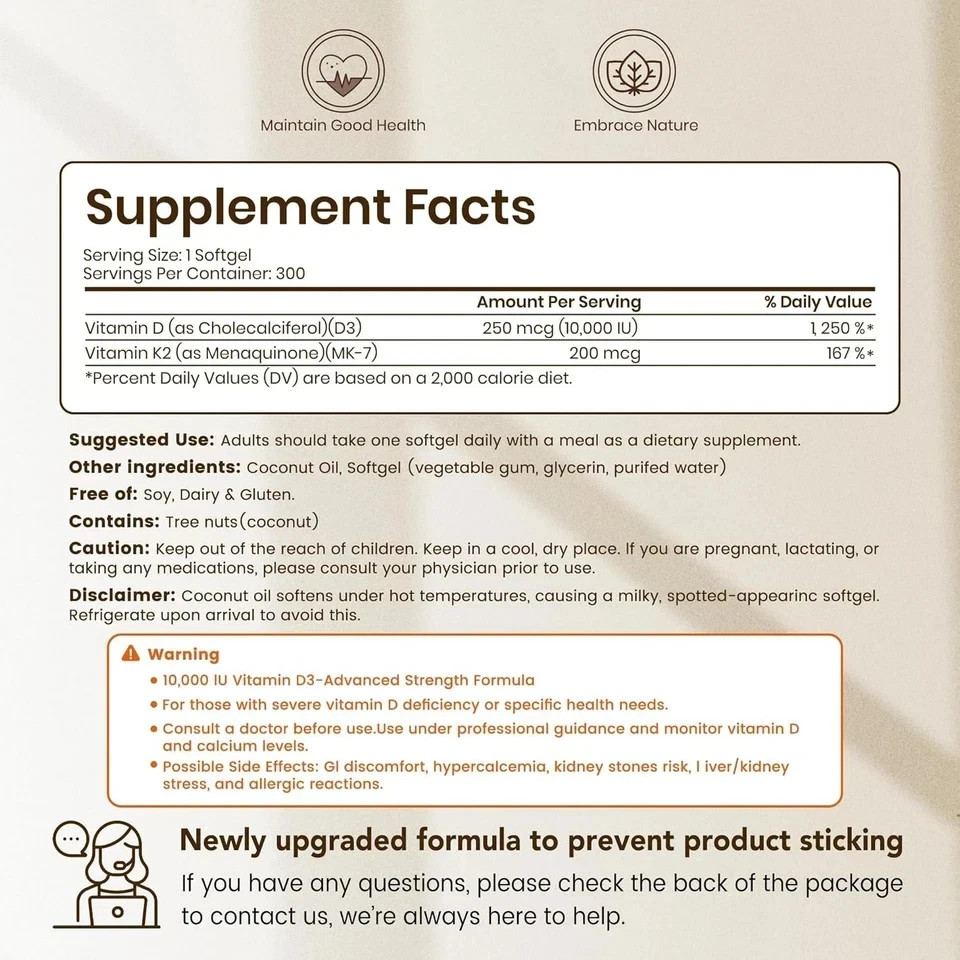 VEV Vitamin D3 Con K2 10000 IU, 300 kinds of virgin coconut oil softgels, 2-in-1
