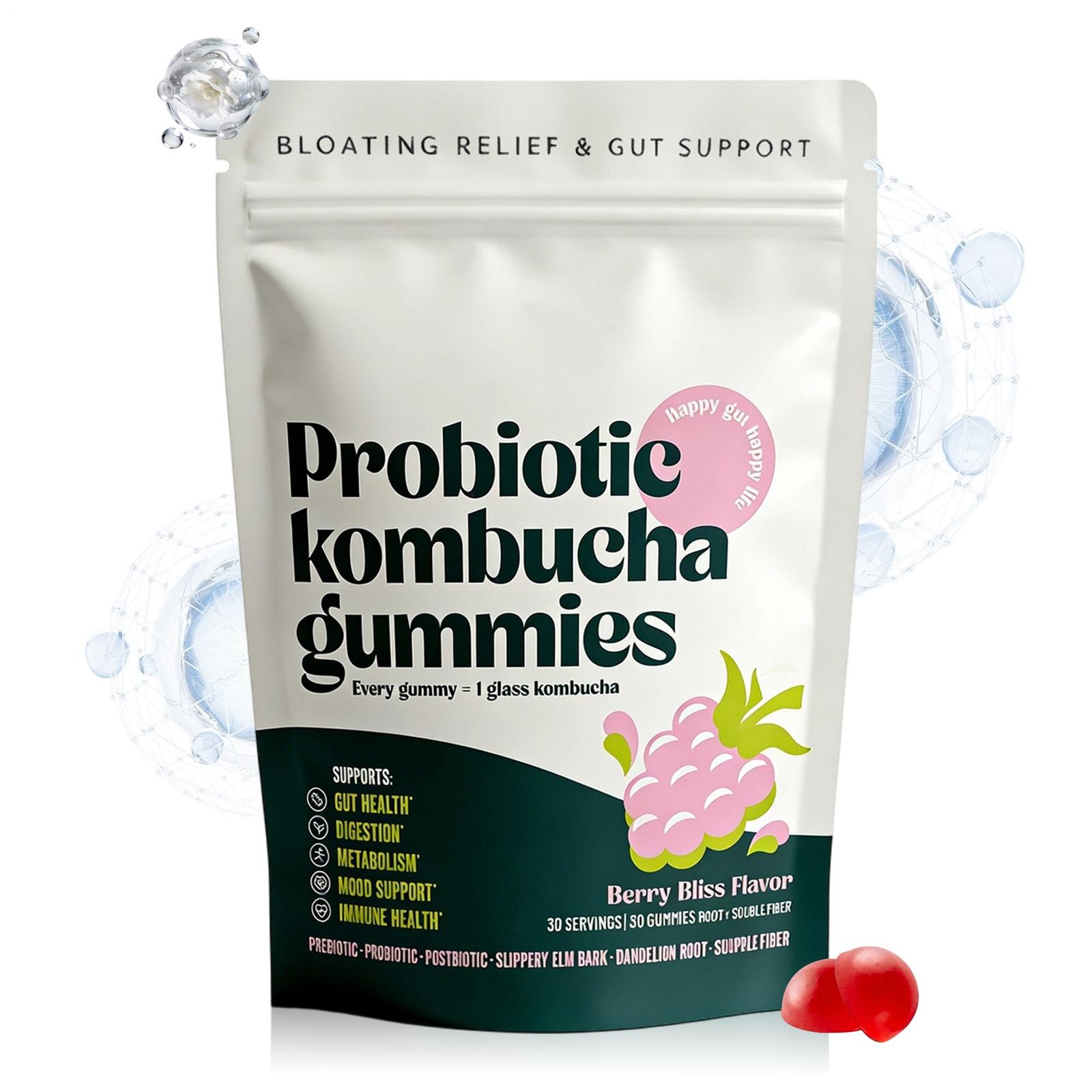 Probiotic Gummy Kombucha – Prebiotics, Fiber Supplement Gut Support 30ct（1-3 PK)