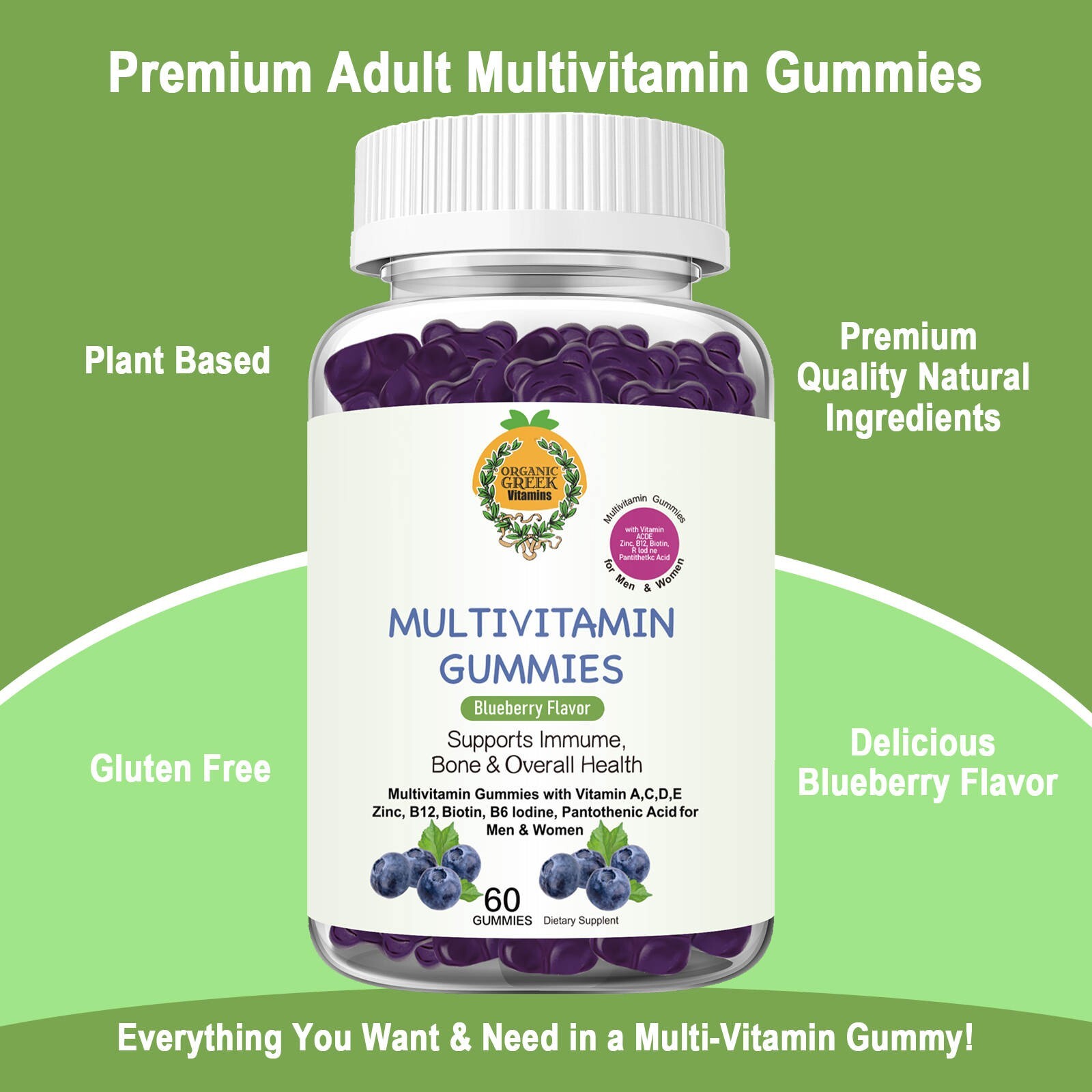 Adult Multivitamin Gummies with Zinc, Vitamin C, D3, B12, Biotin for Men & Women
