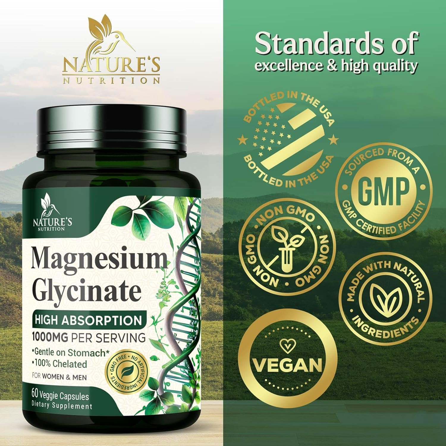 Magnesium Glycinate 1000mg – Chelated for 60 Count (Pack of 1)