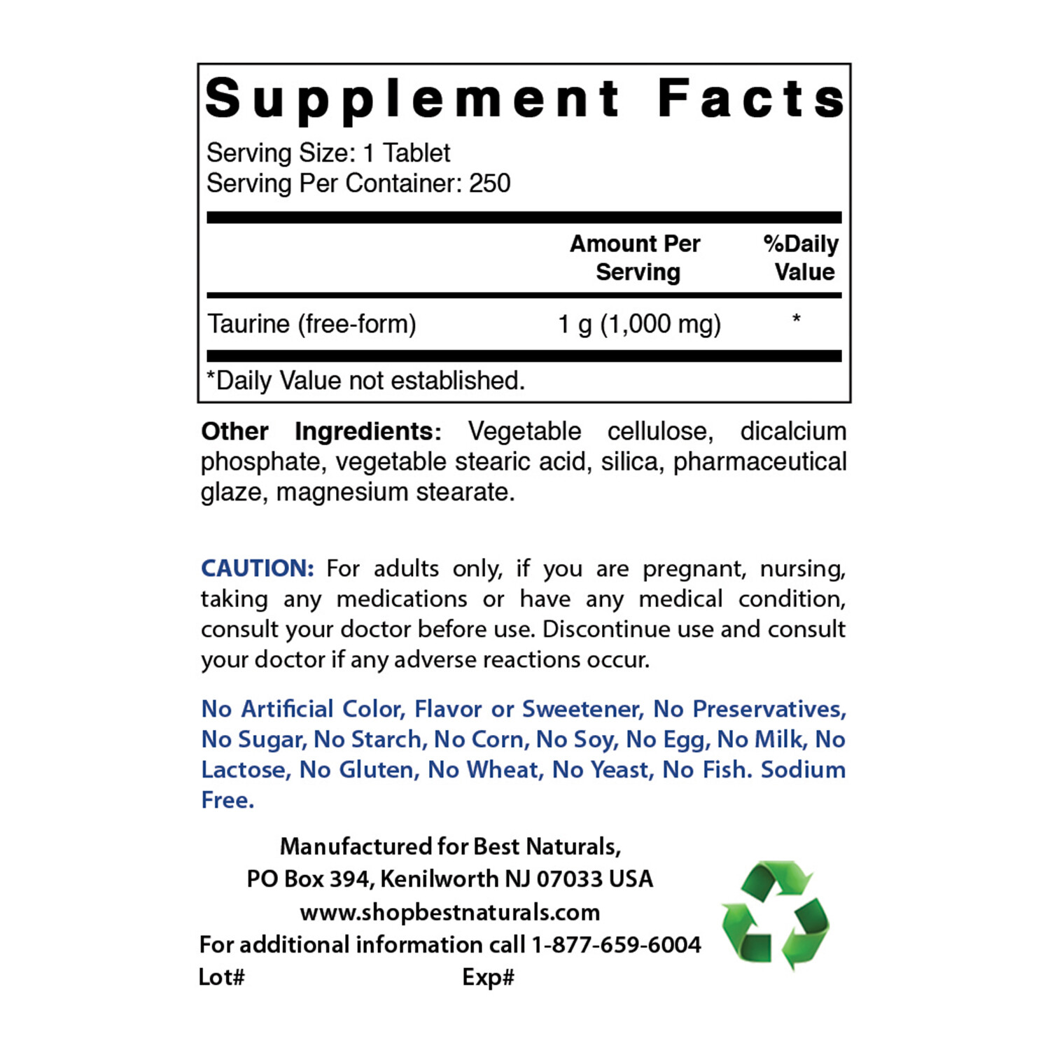 Best Naturals Taurine 1000 mg 250 Tablets