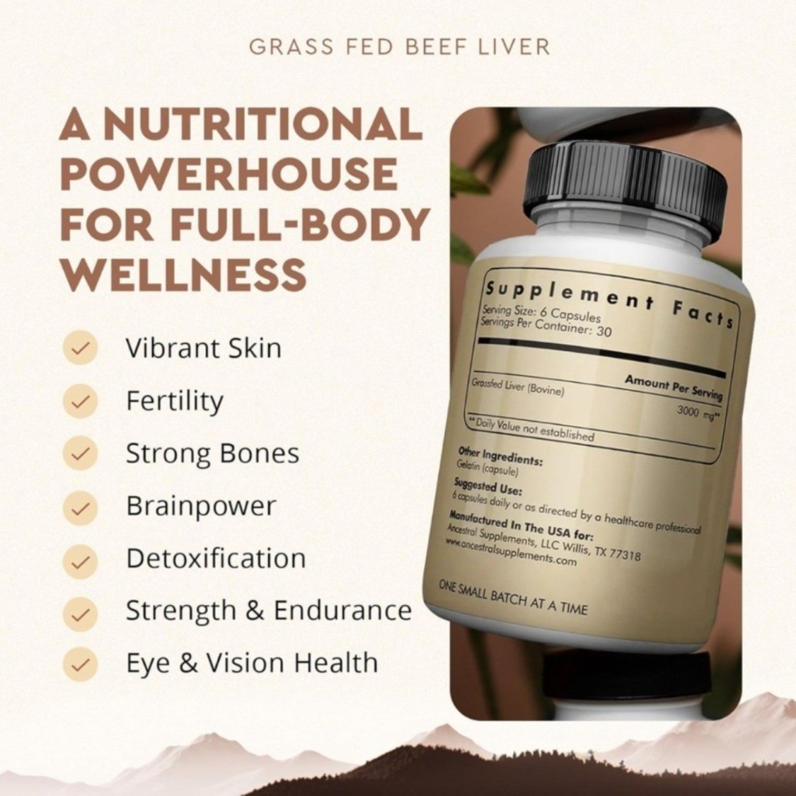 Ancestral Supplements new Grass Fed Beef Liver 3000mg 180Caps New Zeland NonGMO