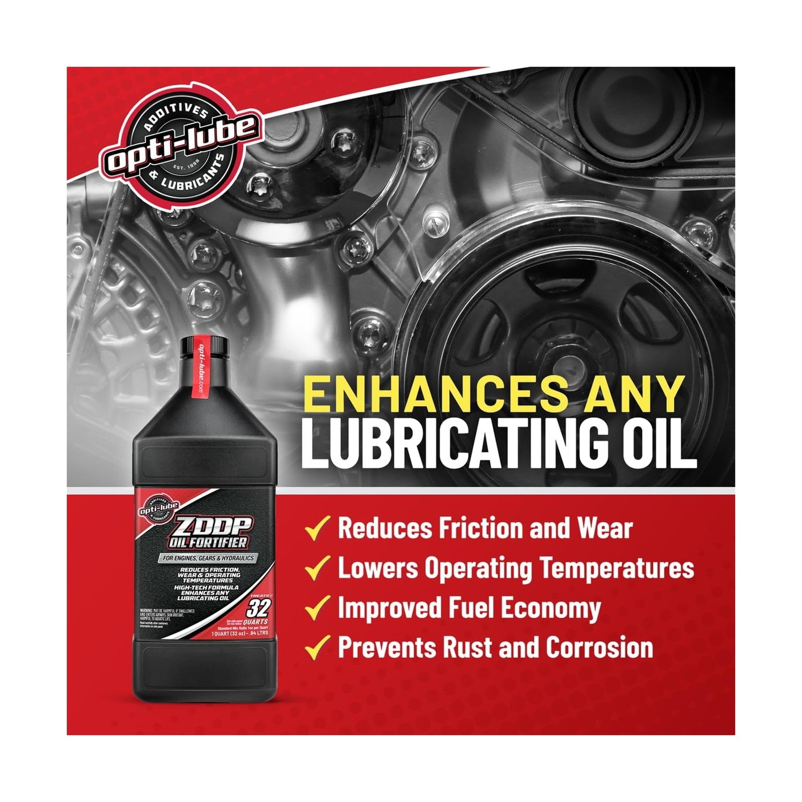 Opti-Lube Oil Fortifier with ZDDP (Zinc): Quart (1 Quart (Treats 32 Quarts of…