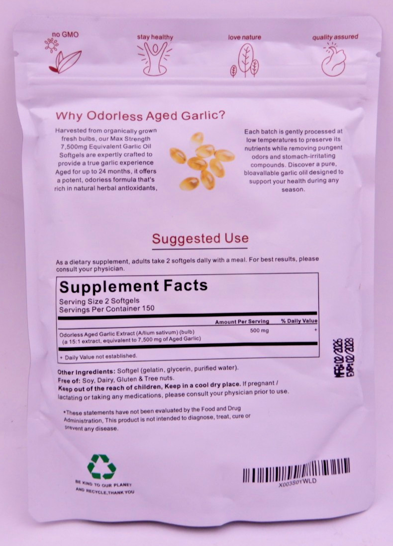 Odorless Garlic 7500mg Per Servings, 300 Softgels | 2 Years Aged Garlic Extra…